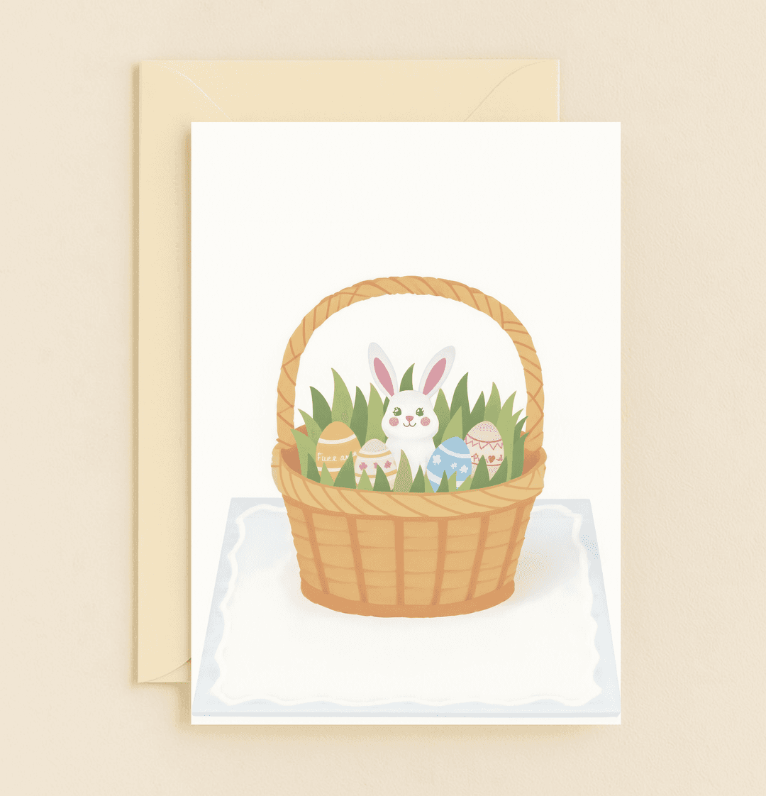 Celebrate Easter with a charming card featuring a cute bunny nestled in a basket of springtime joy, surrounded by colorful decorated eggs.