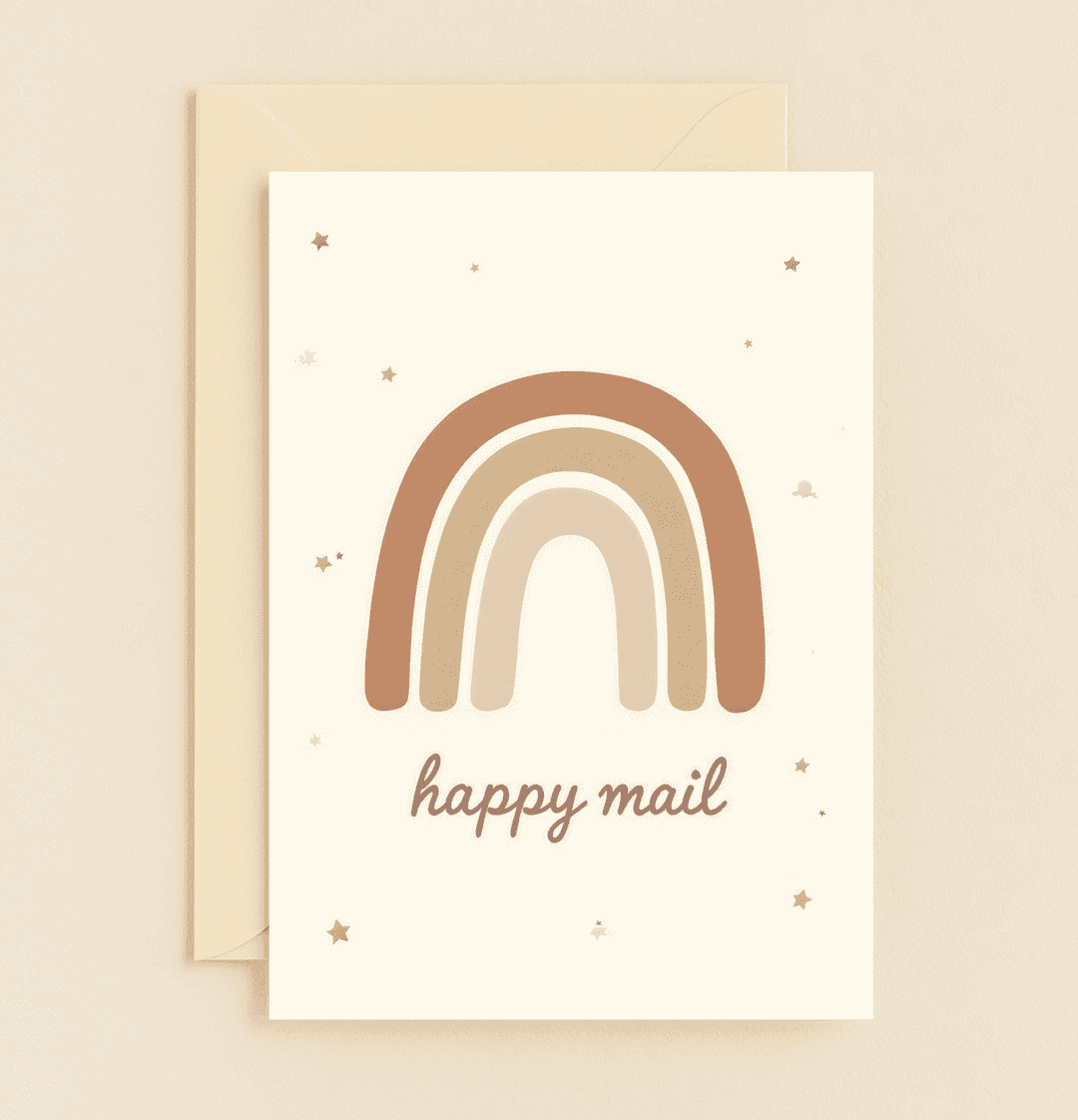 Express heartfelt thanks with the "Rainbow of Gratitude" card, featuring a minimalist earthy-toned rainbow and whimsical stars on a light cream background.