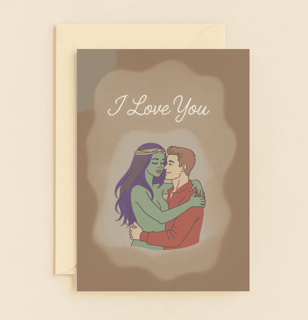 Celebrate your love with this enchanting anniversary card, featuring a tender embrace between a couple with a galactic twist of green skin and purple hair.