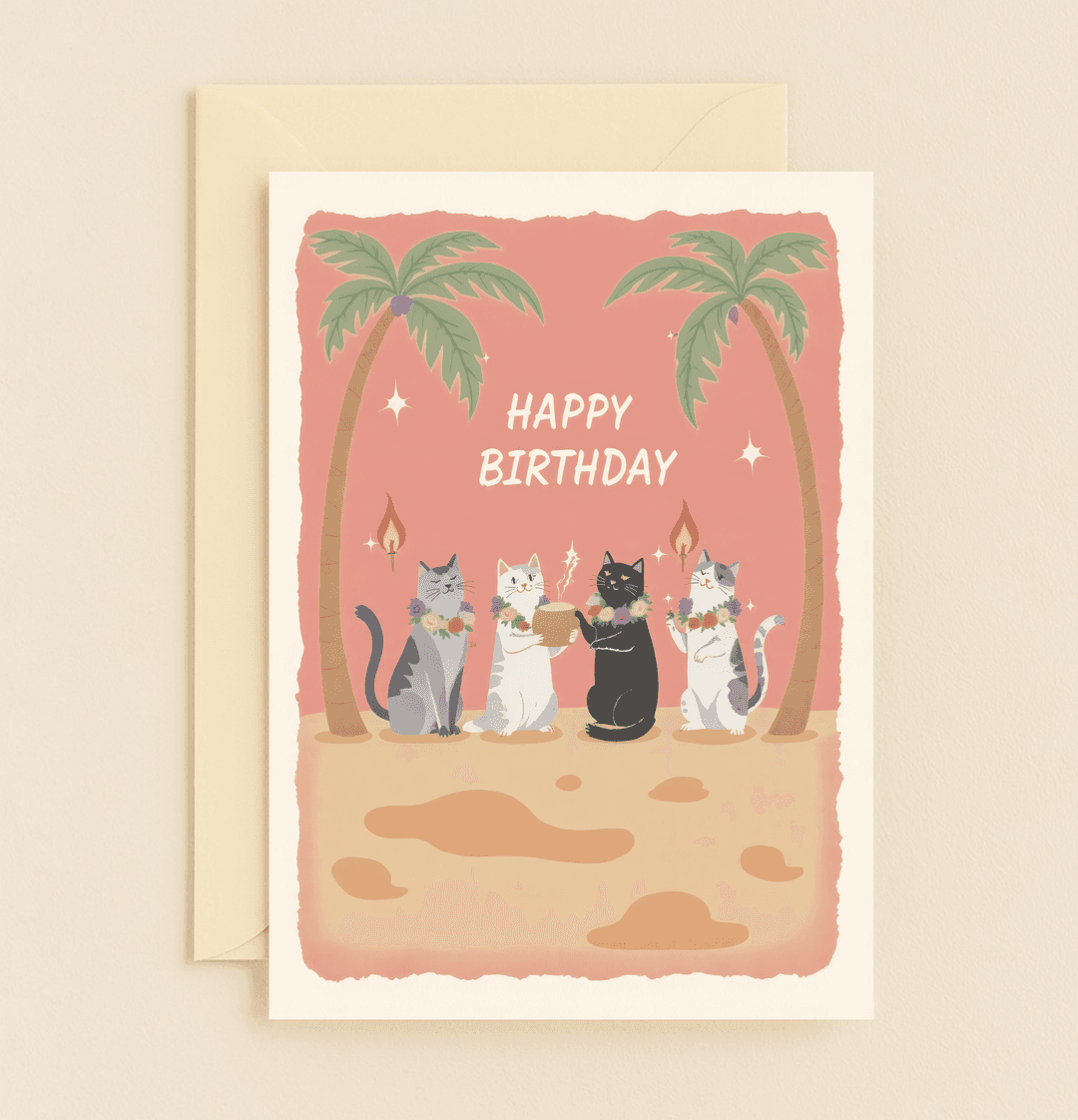 Celebrate a purr-fect birthday with a whimsical tropical scene featuring lei-clad cats, palm trees, and tiki torches on a sandy Hawaiian beach.