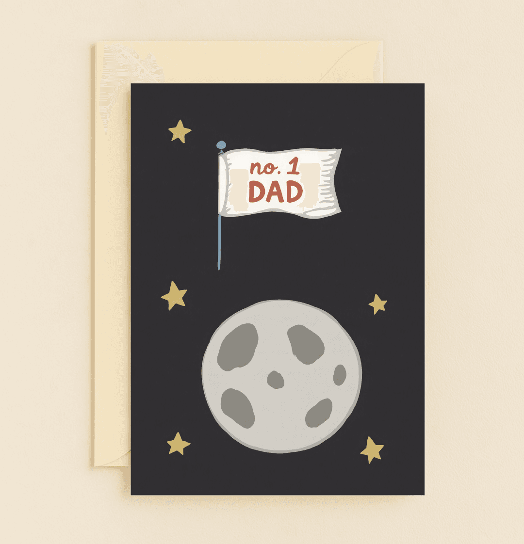 Celebrate Father's Day with our "To the Moon and Back, Dad!" card, featuring a space-themed design with a "No. 1 Dad" flag on the moon for stellar dads.