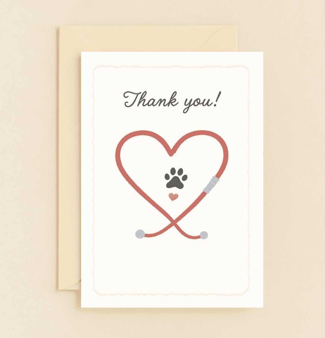 Express heartfelt gratitude to your veterinary heroes with this elegant card, featuring a stethoscope heart, paw print, and a touching thank you message.
