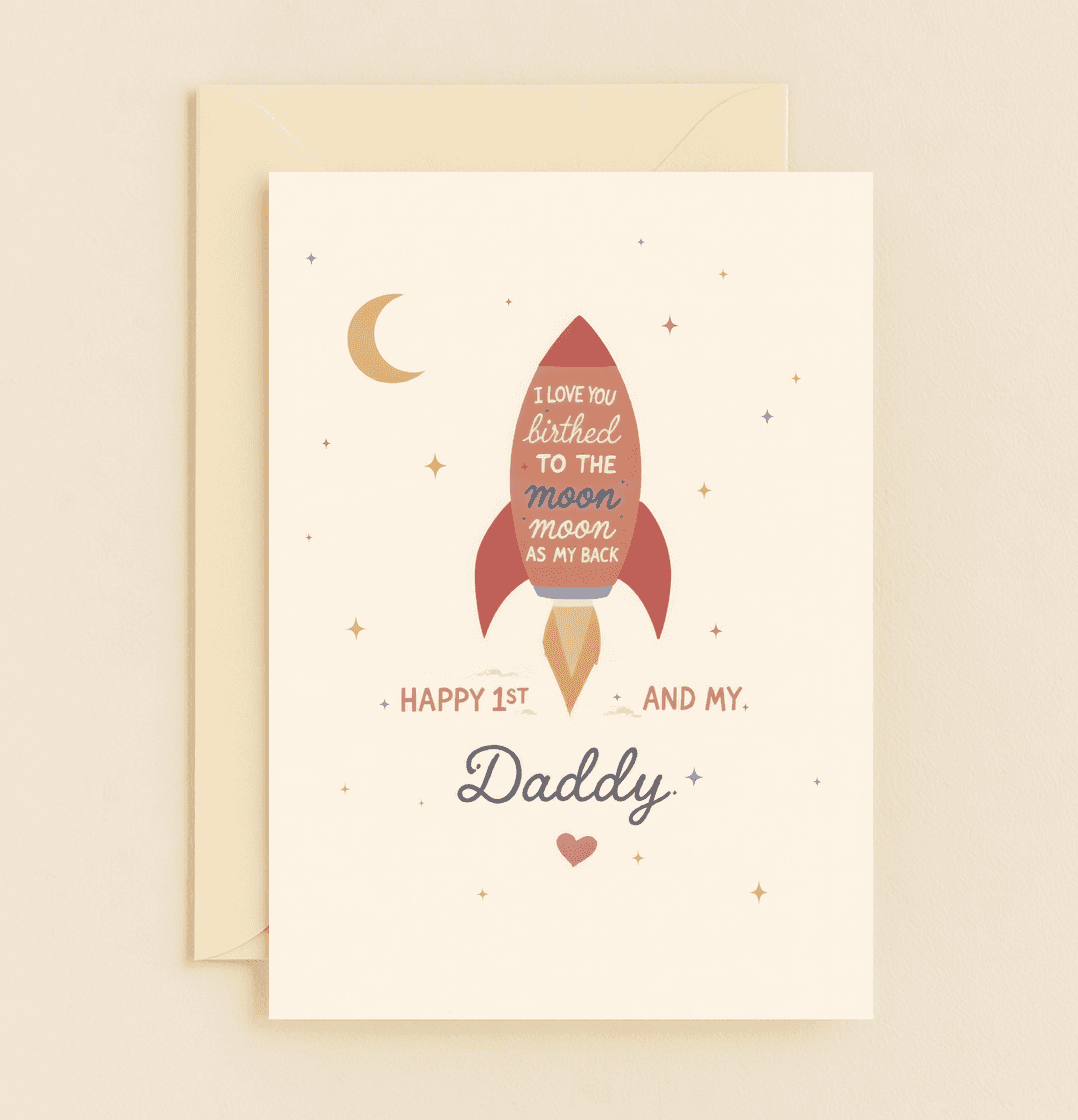 Celebrate Father's Day with a whimsical card featuring a rocket ship and playful puns, expressing love "to the moon and back" in a soft, pastel space scene.