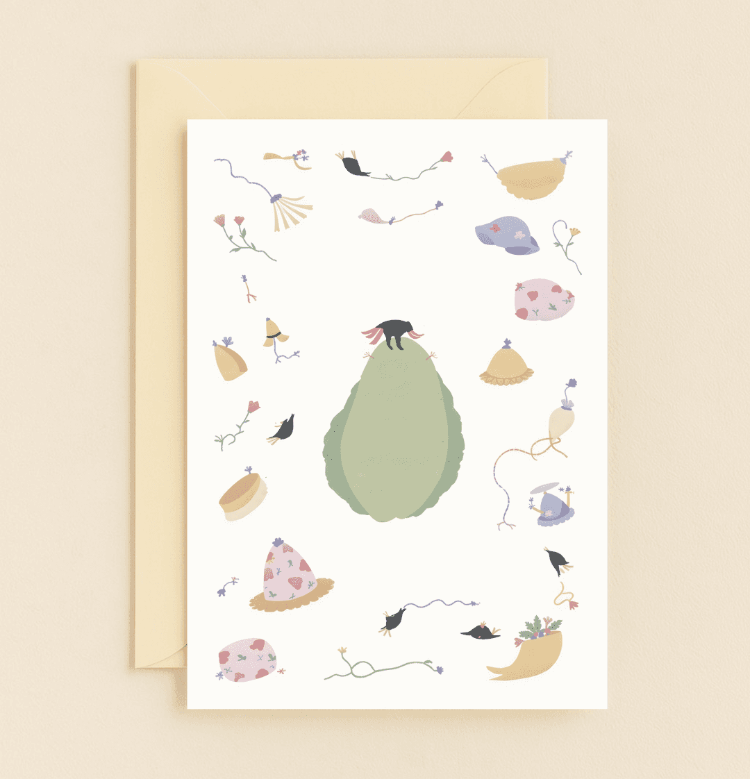 Celebrate Easter with whimsical delight through a surreal card featuring pastel hats, flowers, and playful birds embracing the essence of spring.