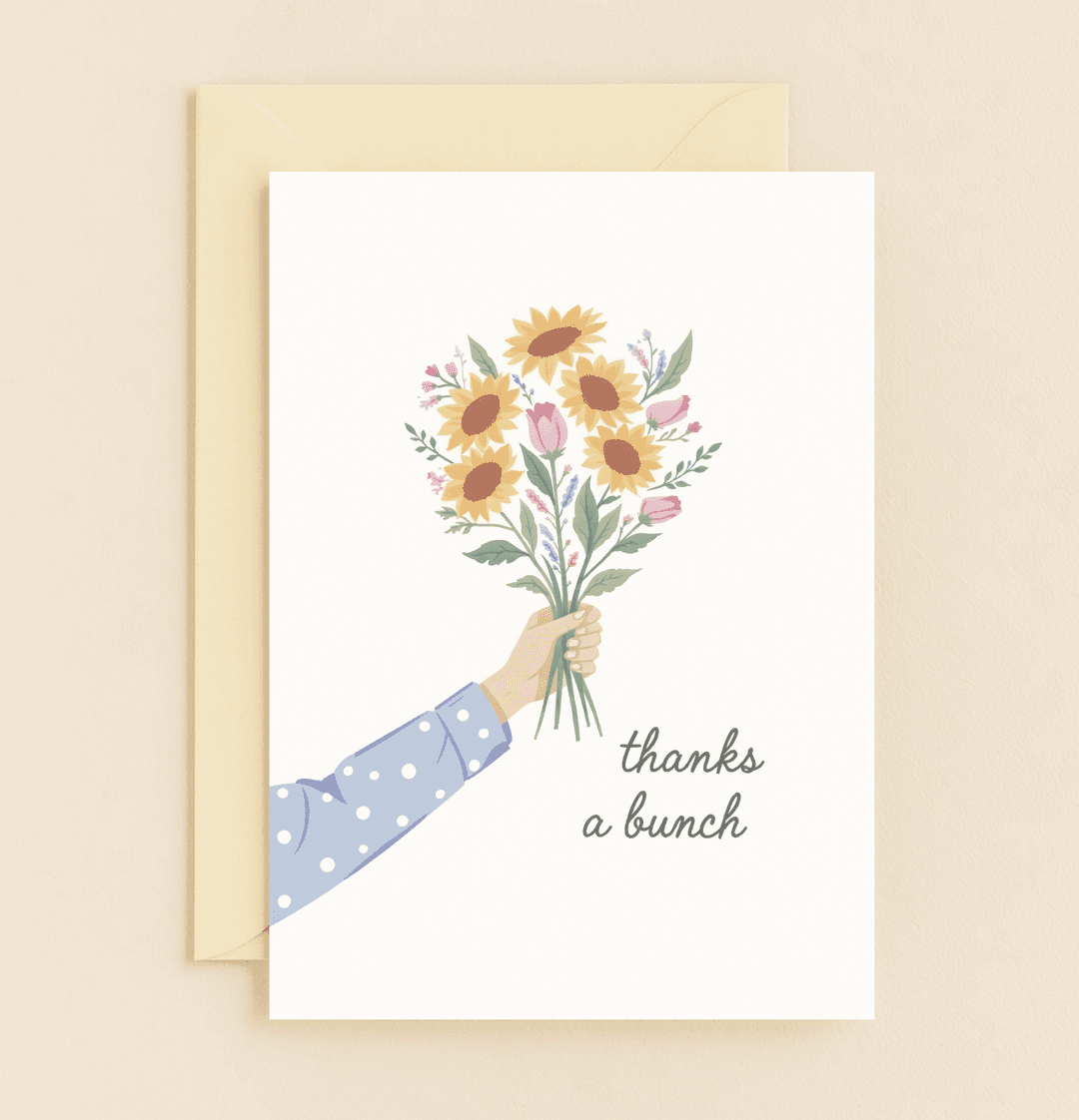 Brighten someone's day with the "Sunny Thanks, Heartfelt Blooms" card, featuring a cheerful bouquet and playful wordplay perfect for expressing gratitude.