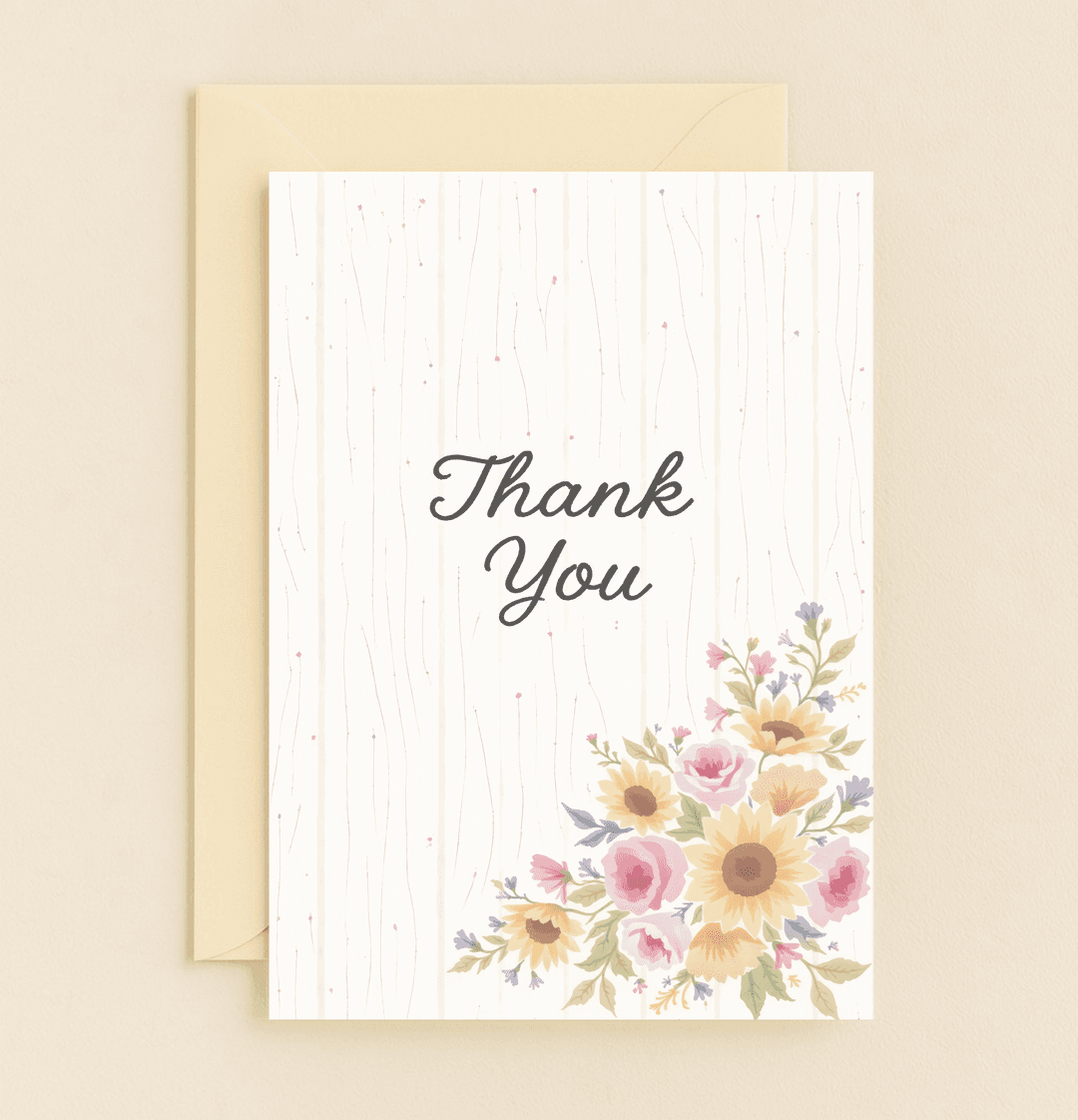 Express your gratitude with this elegant card featuring a stylish "Thank You" script and a vibrant floral bouquet on a soft, textured background.