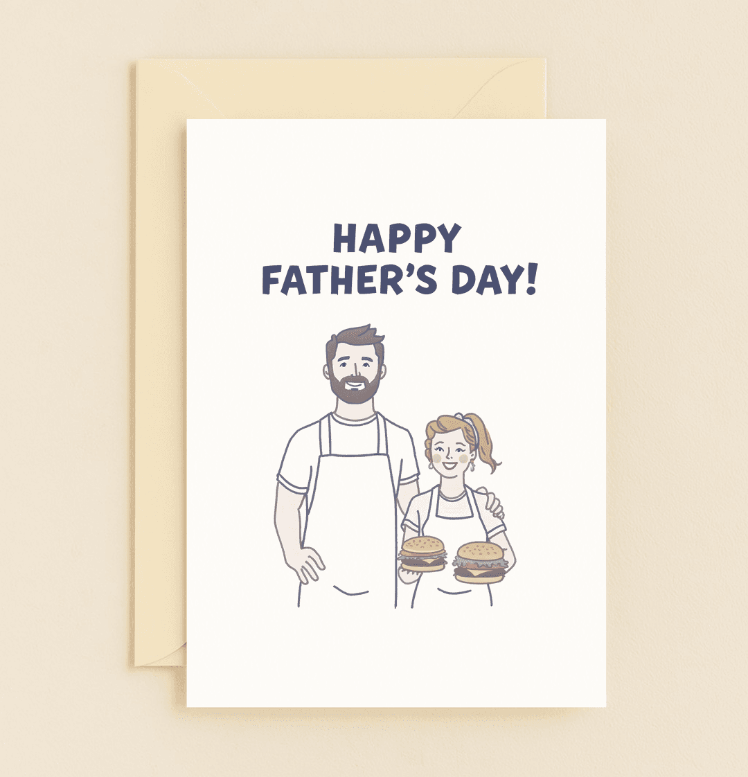 Celebrate Father's Day with a charming card featuring a bearded dad and daughter duo, bonding over backyard burgers and cheerful grilling fun.