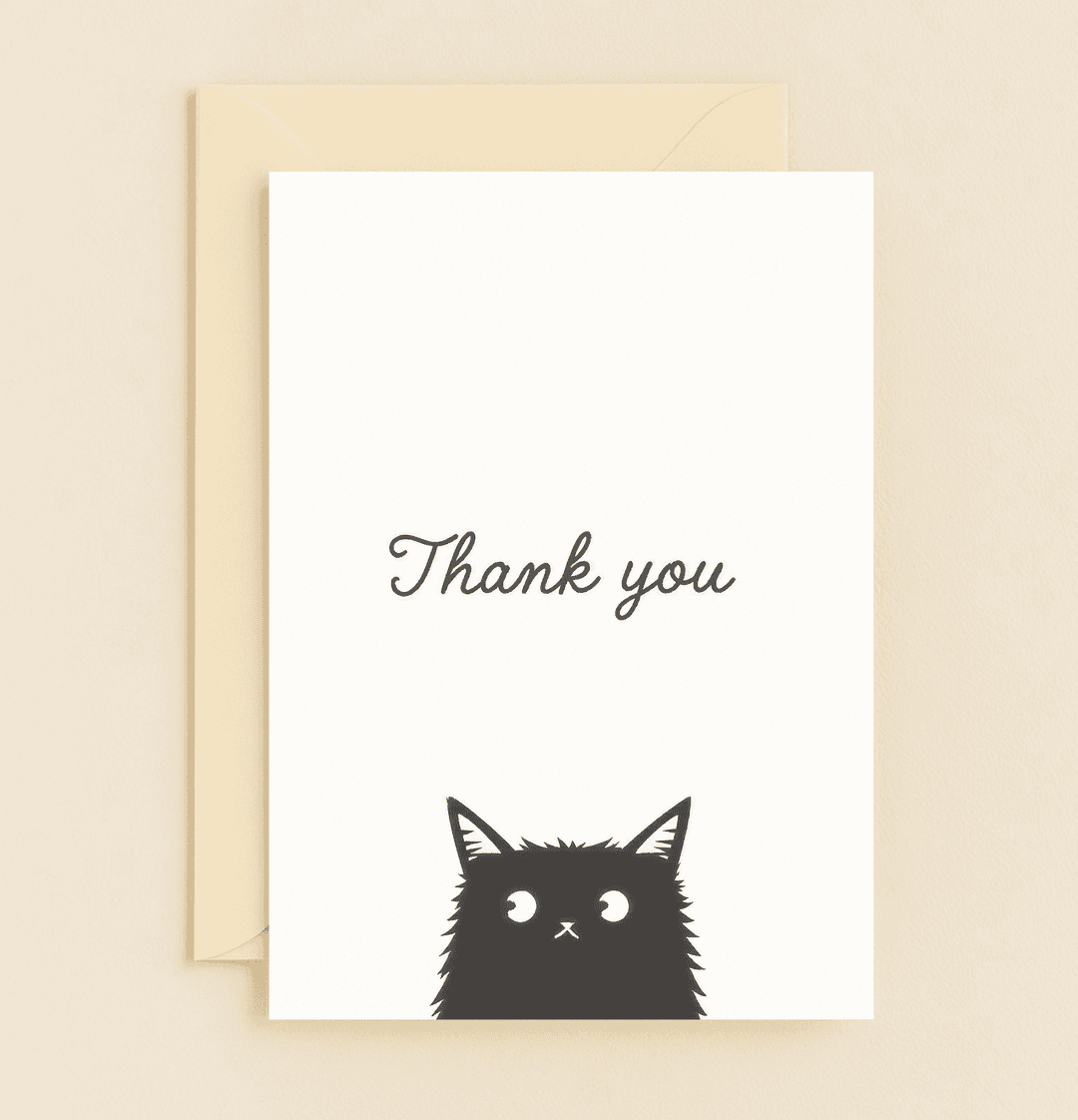 Express heartfelt gratitude with this whimsical, minimalist card featuring a cute cartoon cat peeking playfully beneath a cursive "Thank you.