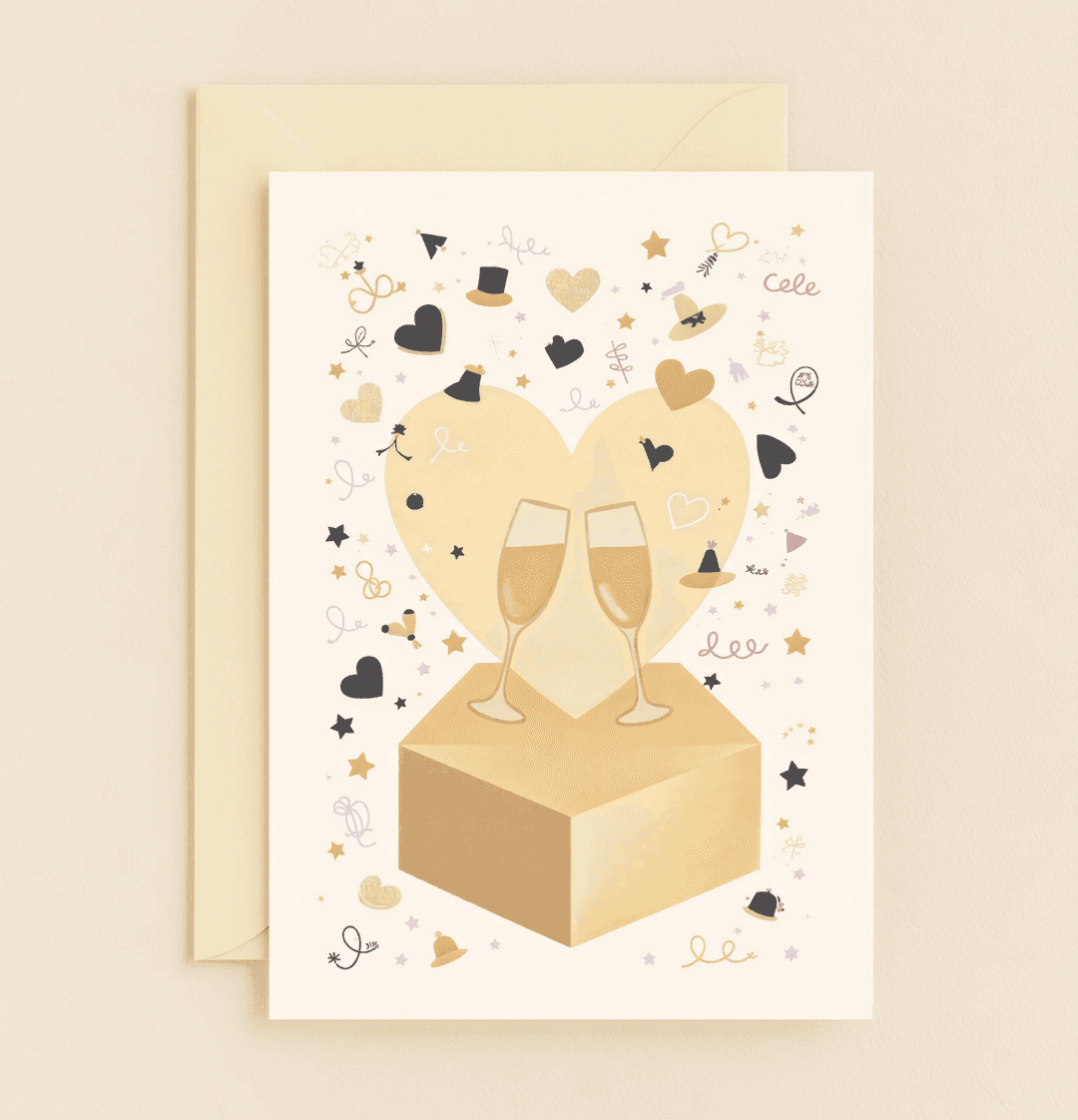 Celebrate your everlasting love with a sophisticated anniversary card featuring a golden heart, champagne glasses, and festive accents in elegant hues.
