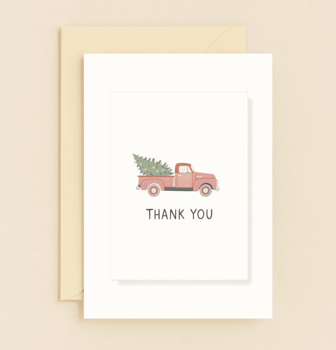 Spread festive cheer and gratitude with a charming vintage truck hauling a Christmas tree, perfect for expressing thanks with a touch of humor.