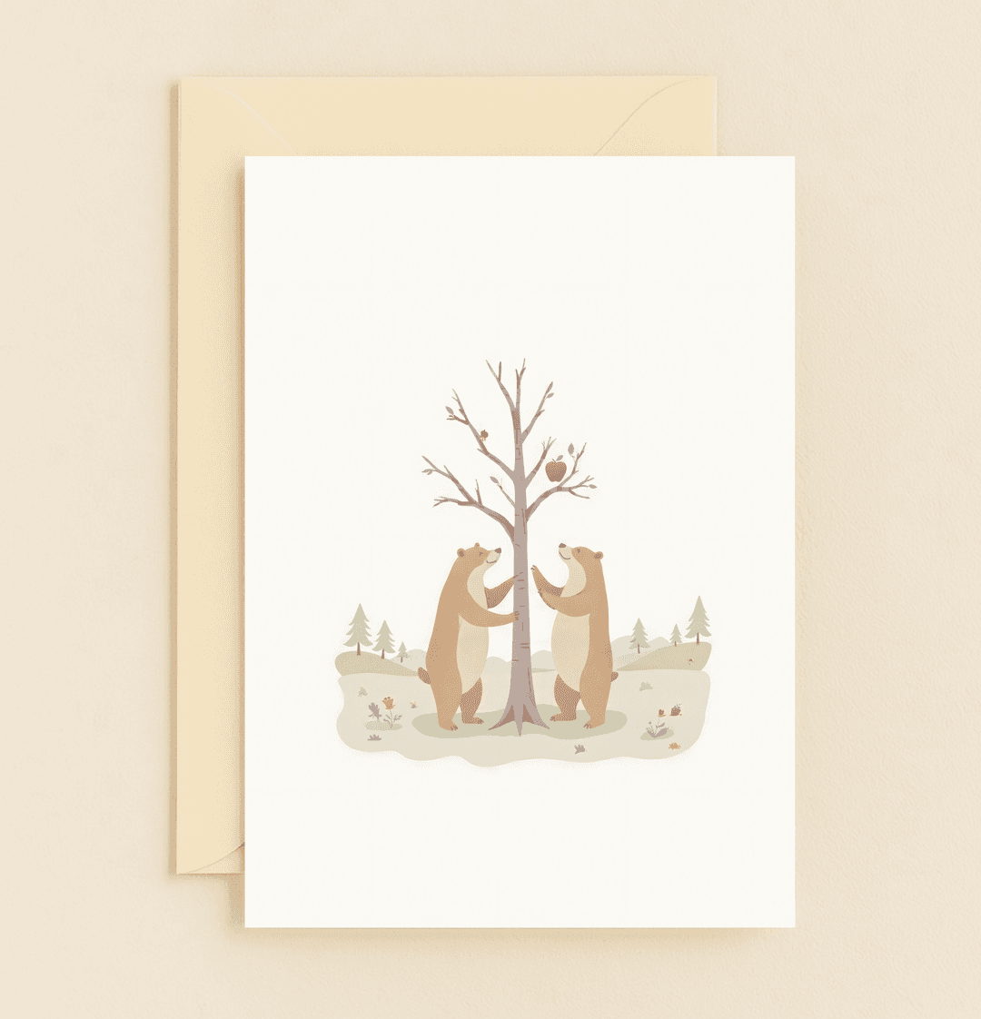 Celebrate your enduring love with this whimsical anniversary card featuring two bears sharing a tender moment under a charming apple tree in a serene forest.