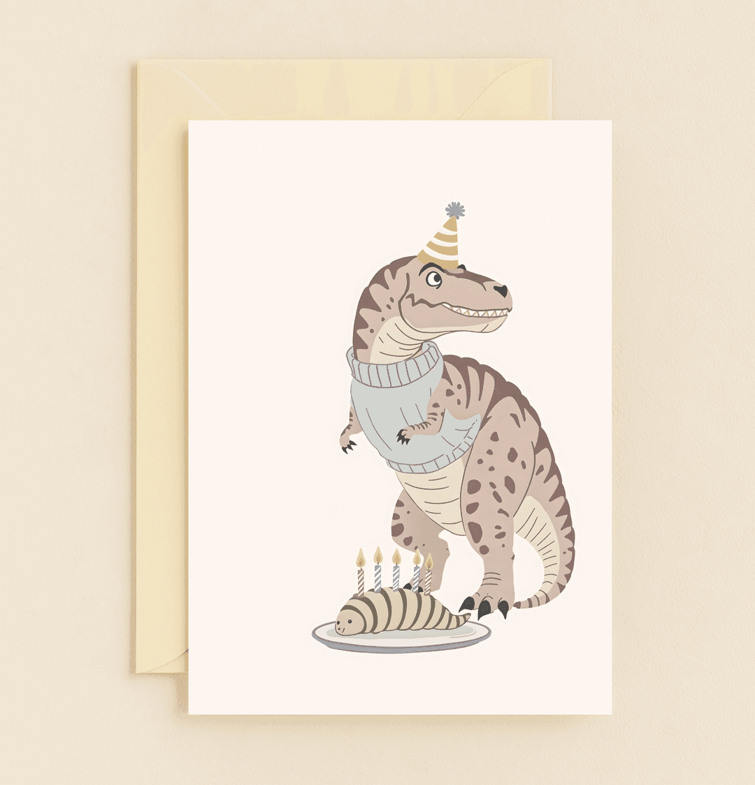 Celebrate with a T-rex in a sweater and party hat, enjoying a caterpillar cake, bringing pun-filled joy and surreal humor to any birthday bash.