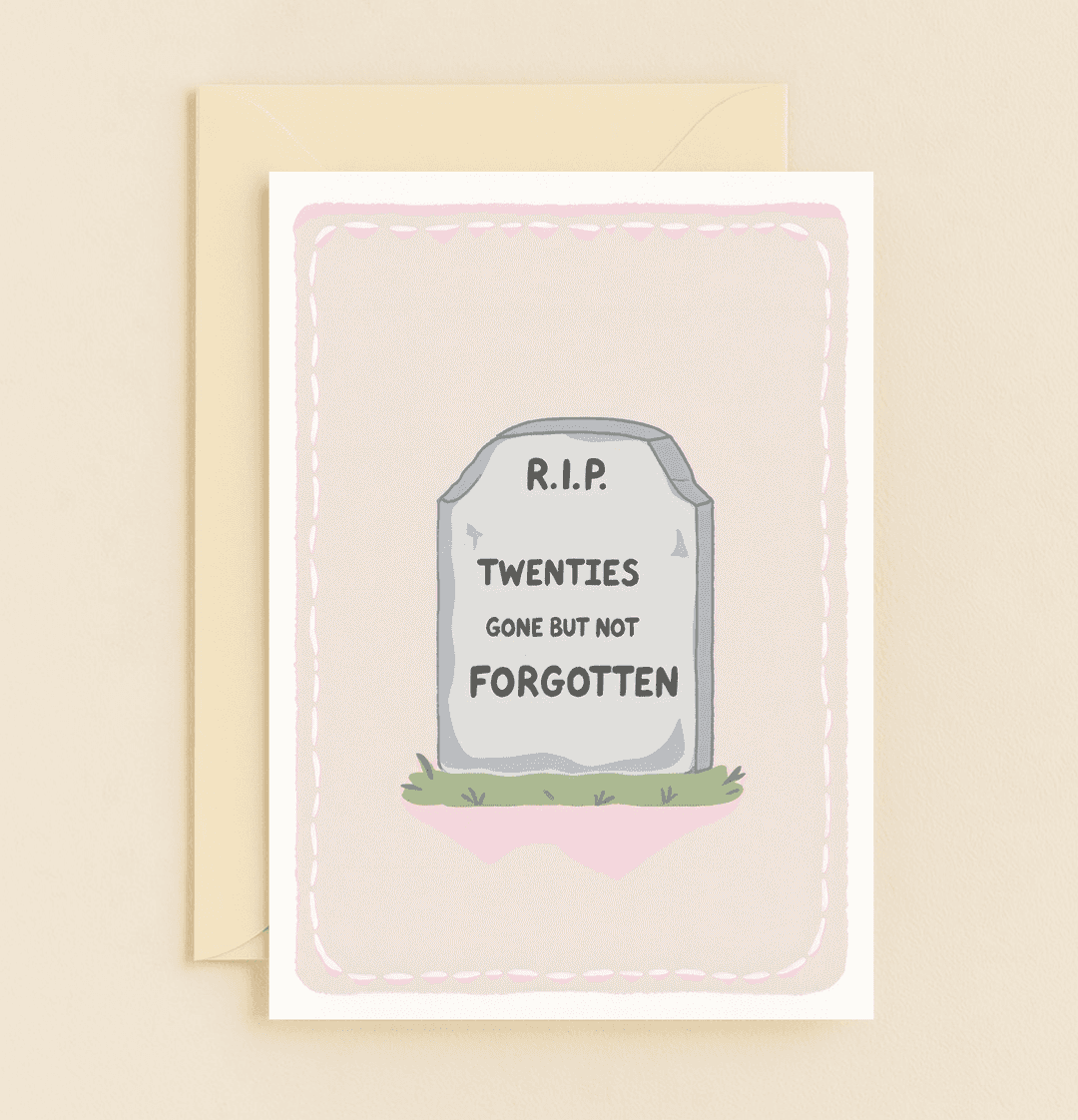 Celebrate turning 30 with a humorous milestone card featuring a tombstone that bids farewell to the twenties with absurd, surreal humor.