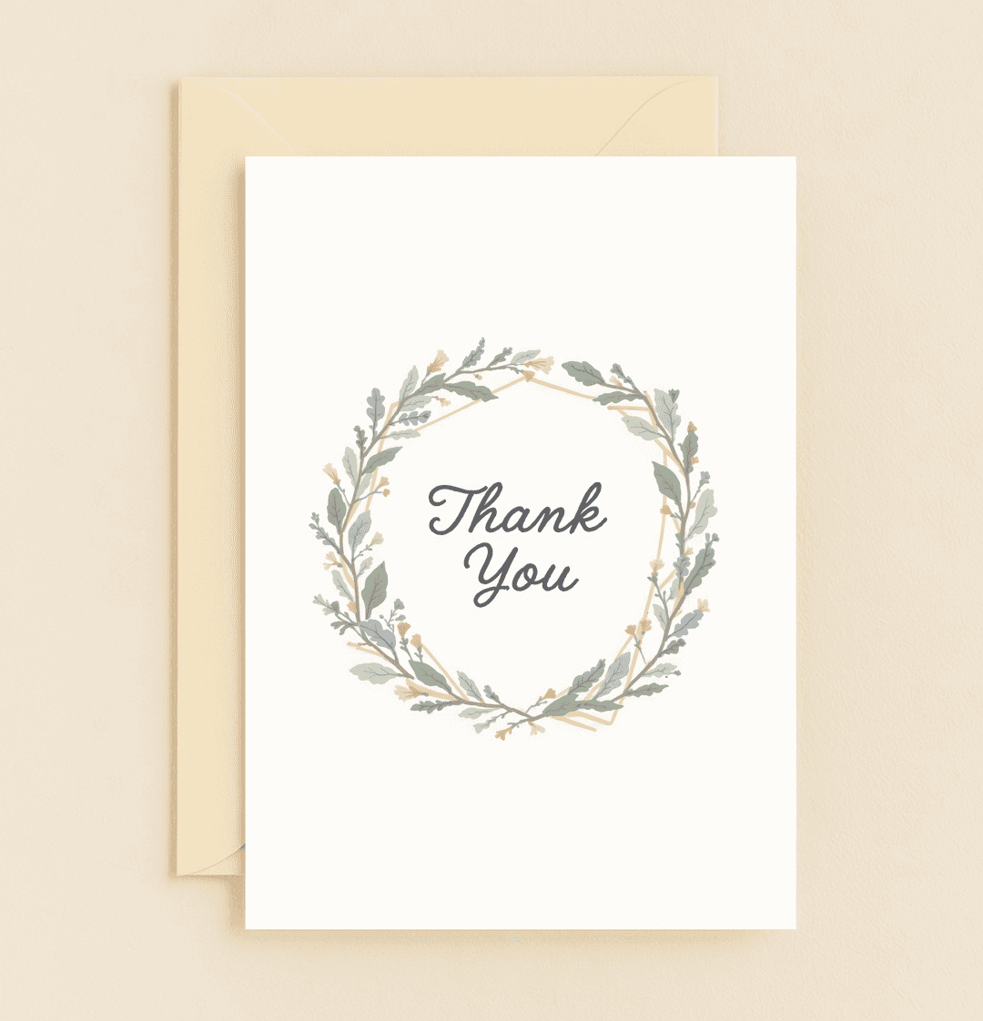 Express your gratitude with our "Floral Gratitude Wreath" card, featuring a minimalistic pastel floral wreath and elegant script for a natural thank you.