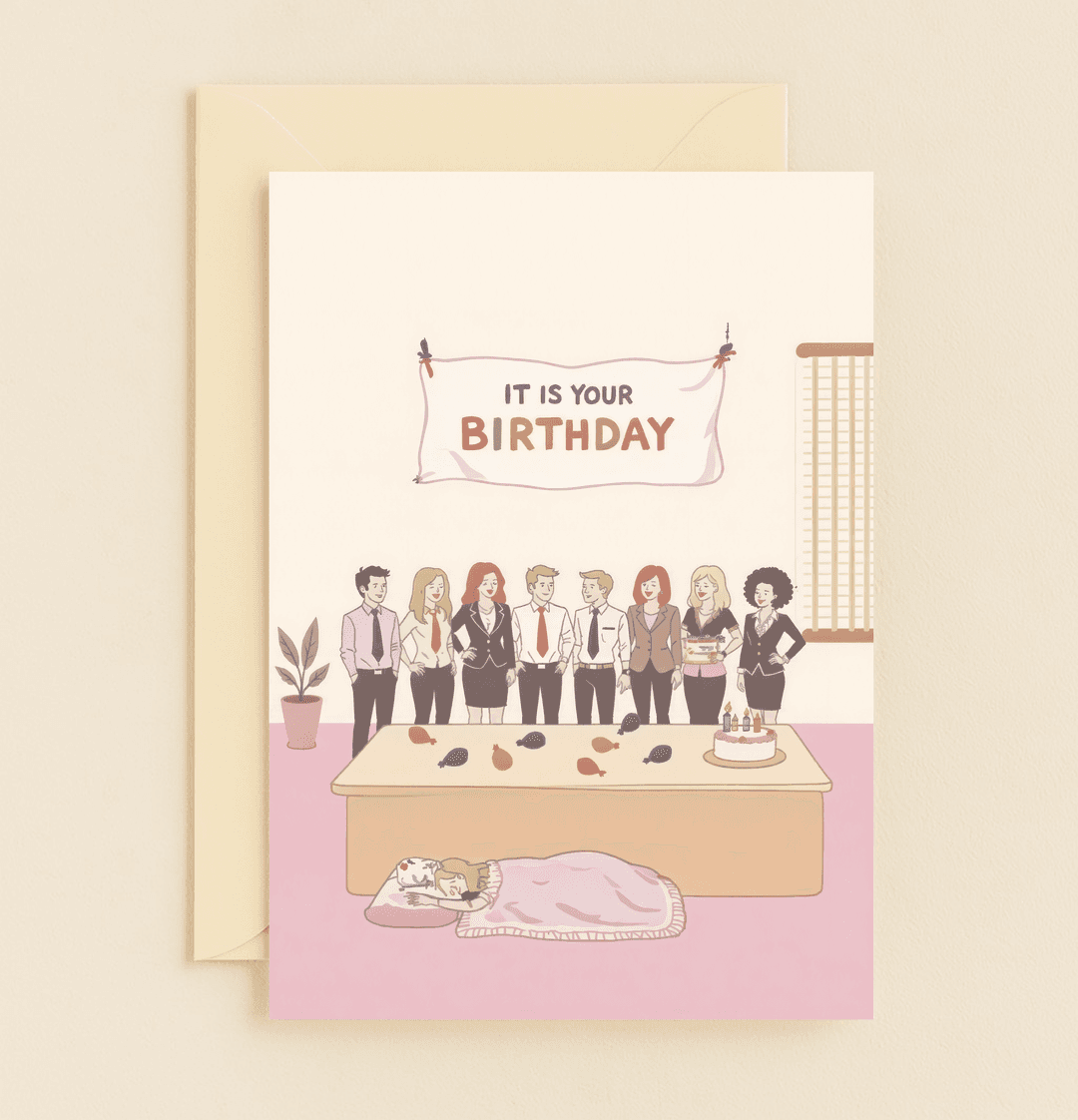 Celebrate the absurdity of office life with a hilarious birthday card featuring a sleepy party scene that captures dry, surreal humor perfectly.