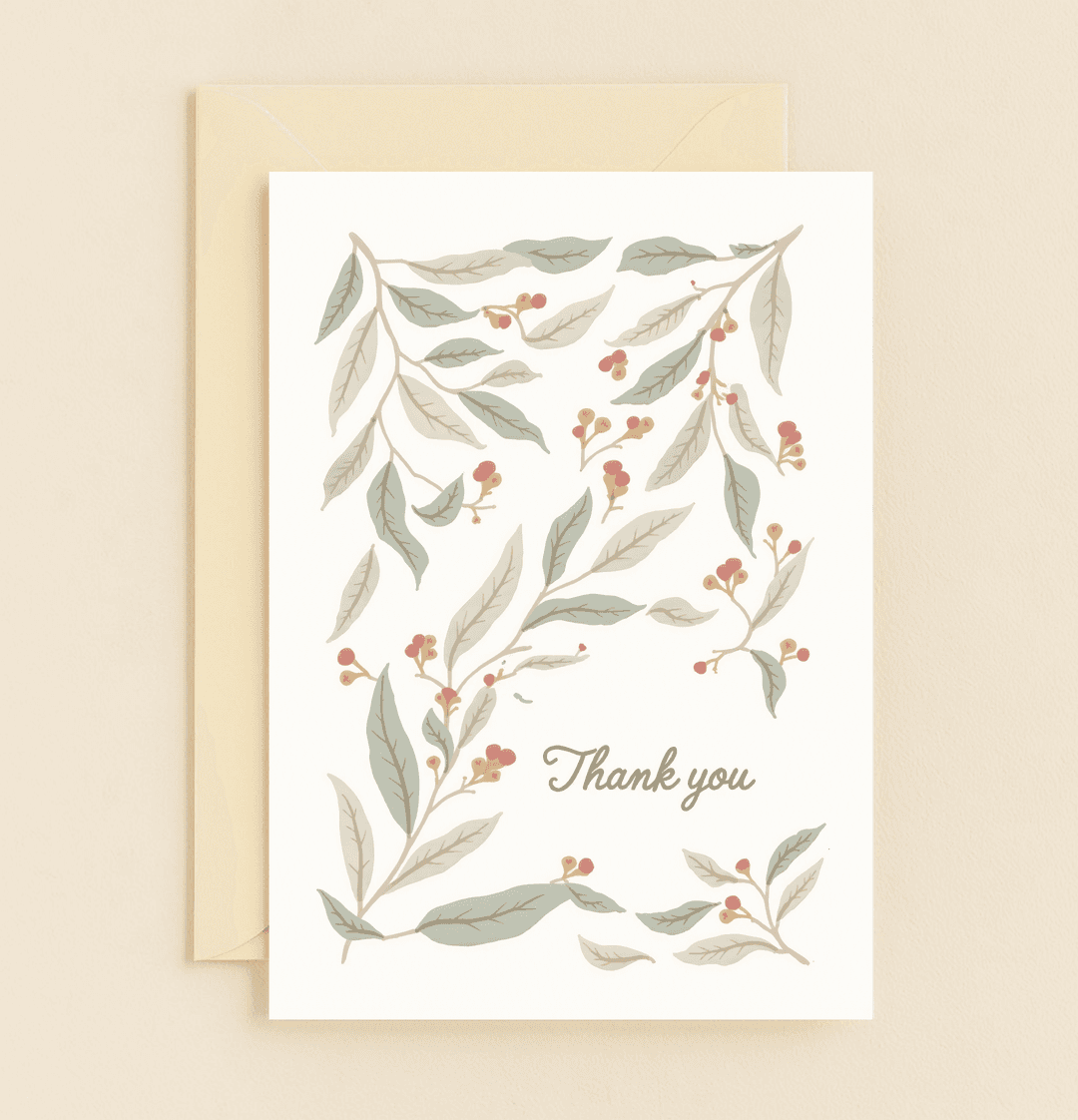 Express your gratitude with this elegant card featuring a serene botanical watercolor design of leaves and berries, perfect for any heartfelt thank you.