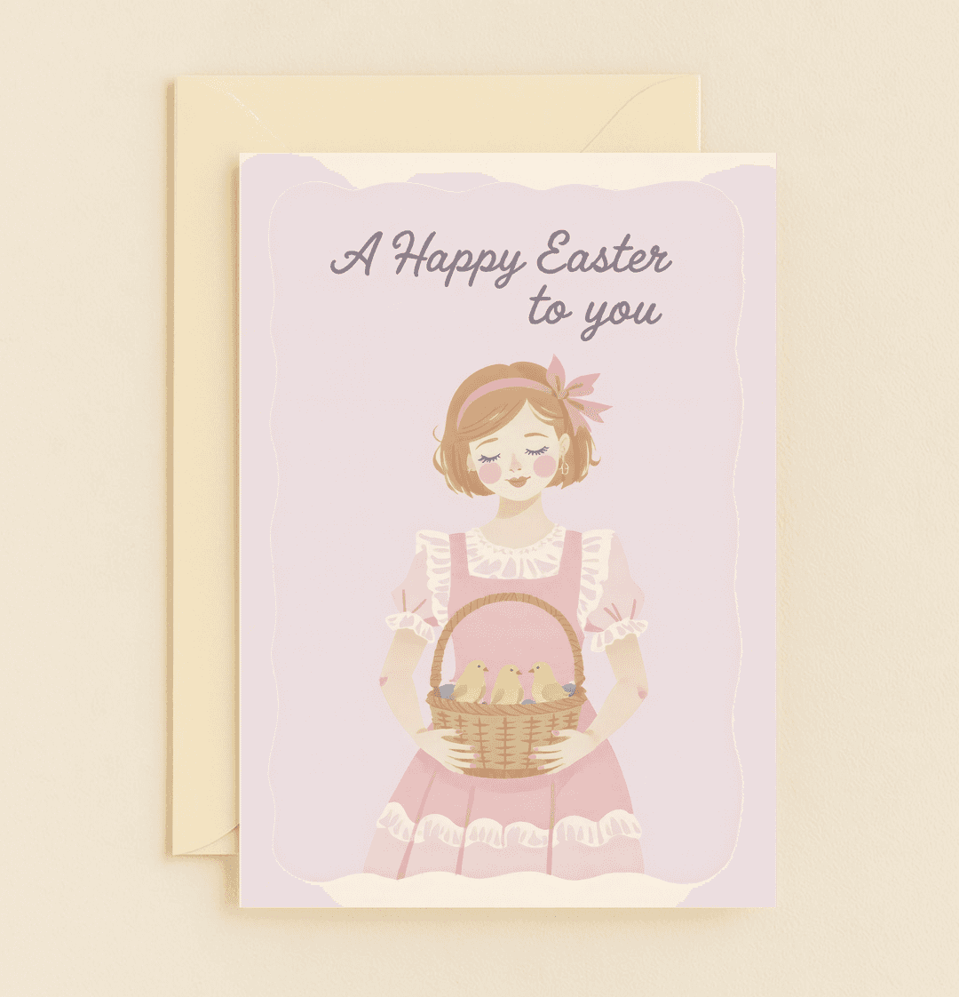 Celebrate Easter with this vintage pastel card featuring a charming lady in a pink dress, cradling a wicker basket of fluffy chicks.