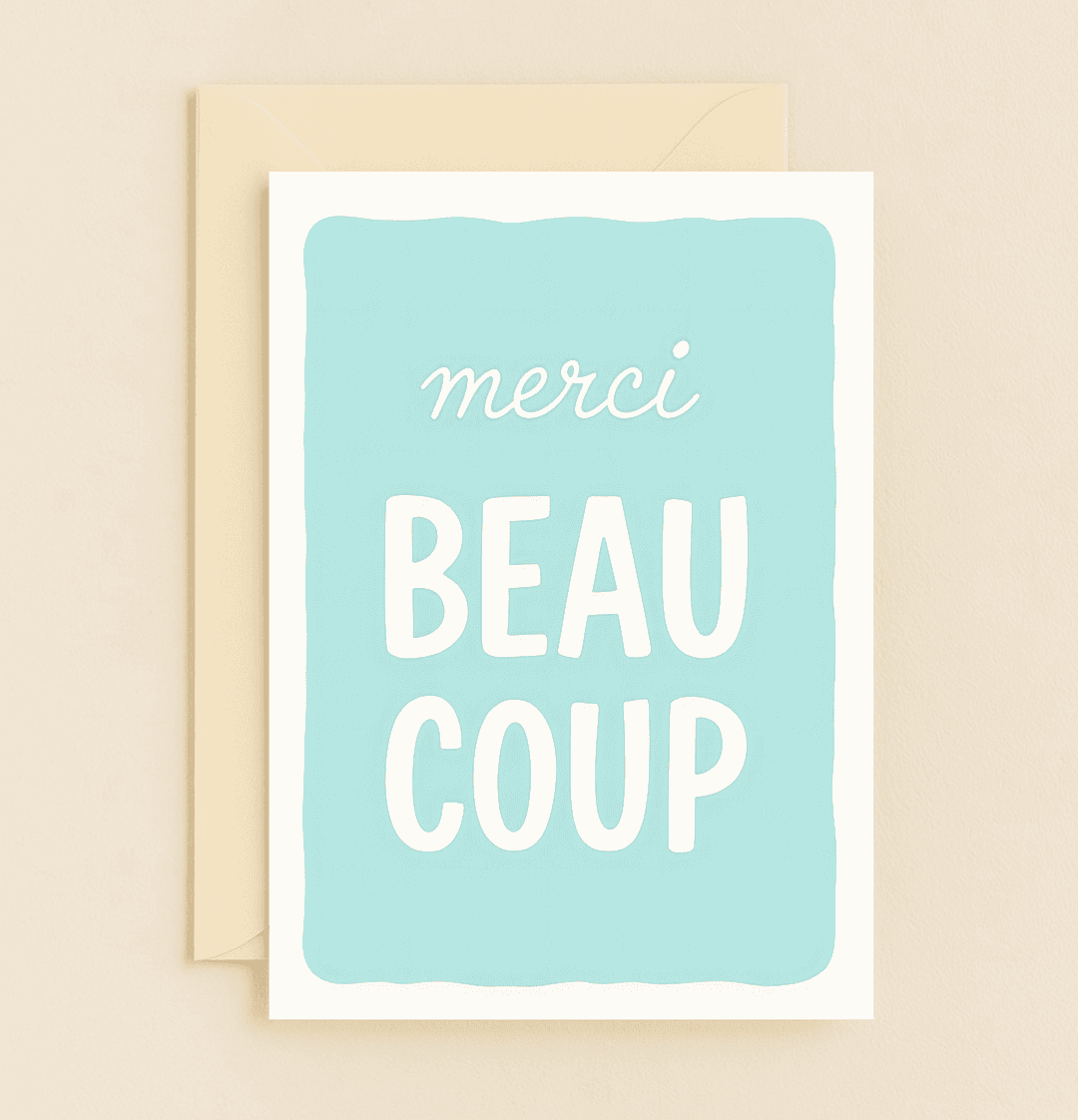 Express heartfelt thanks with "A Touch of French Gratitude," featuring elegant cursive and bold text on a soothing pastel teal backdrop.