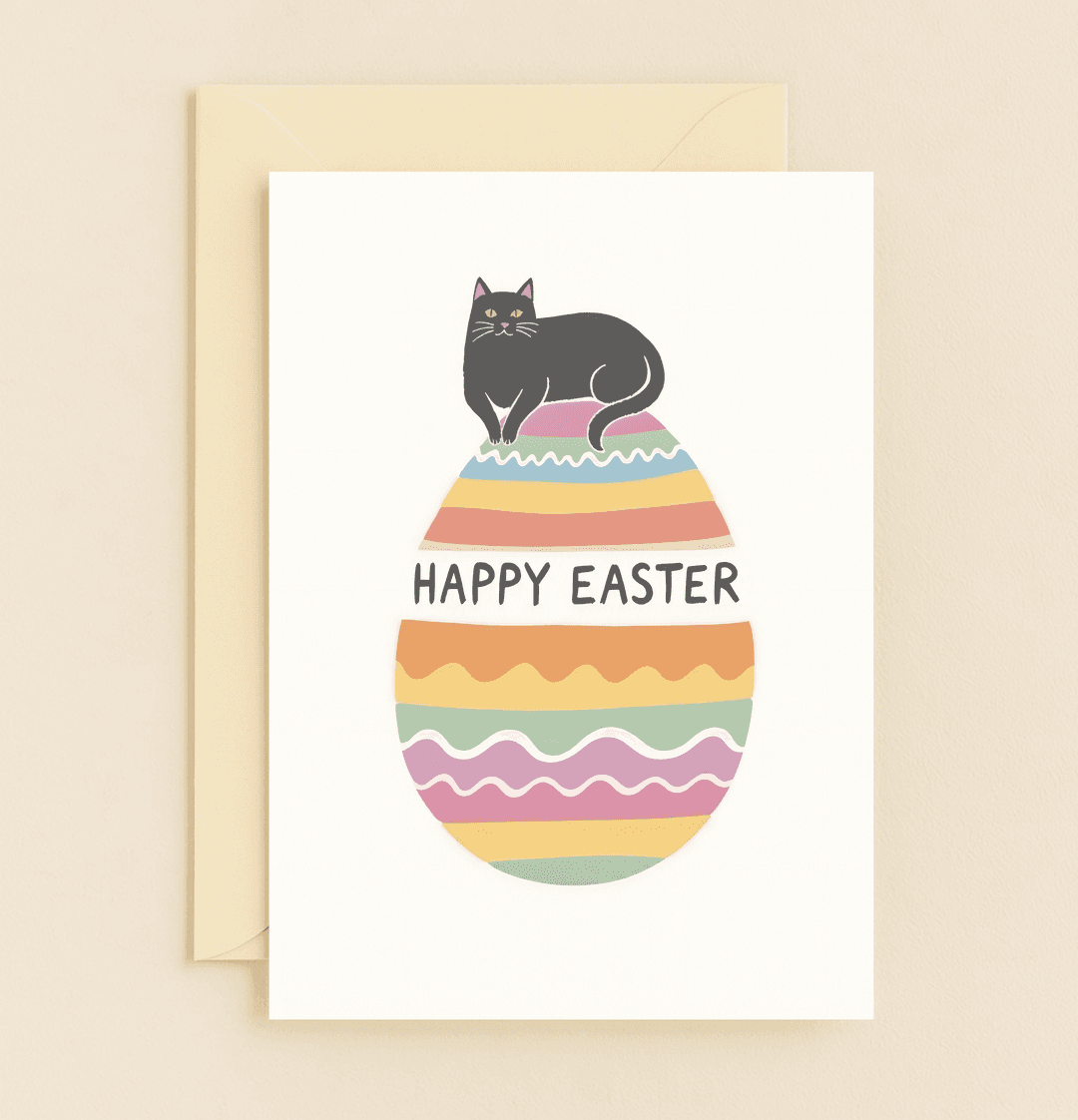 Celebrate Easter with the whimsical charm of "Whiskers and Eggs-travaganza," featuring a playful black cat atop a vibrantly striped pastel egg.