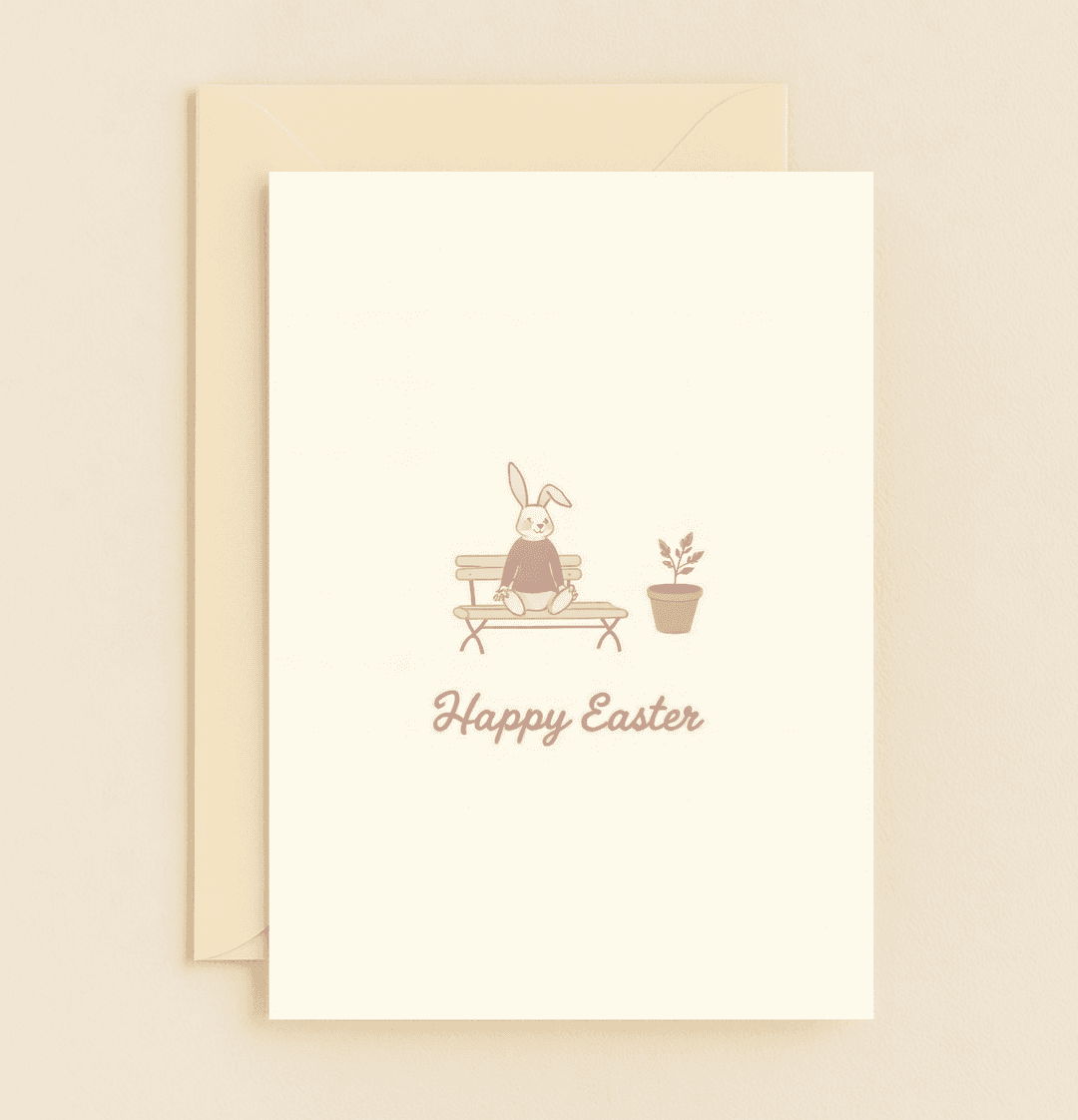 Celebrate Easter with a charming, minimalist card featuring a serene bunny on a bench, accented by a potted plant and elegant "Happy Easter" script.
