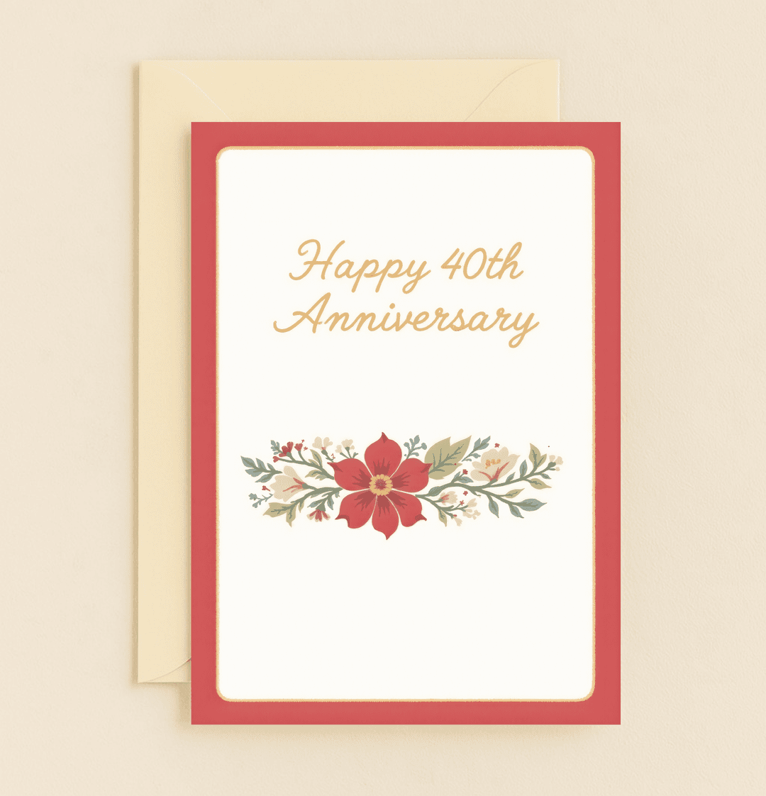 Celebrate a milestone with this elegant anniversary card featuring a bold red border, gold text, and a vibrant floral design that symbolizes 40 years of blossoming love.