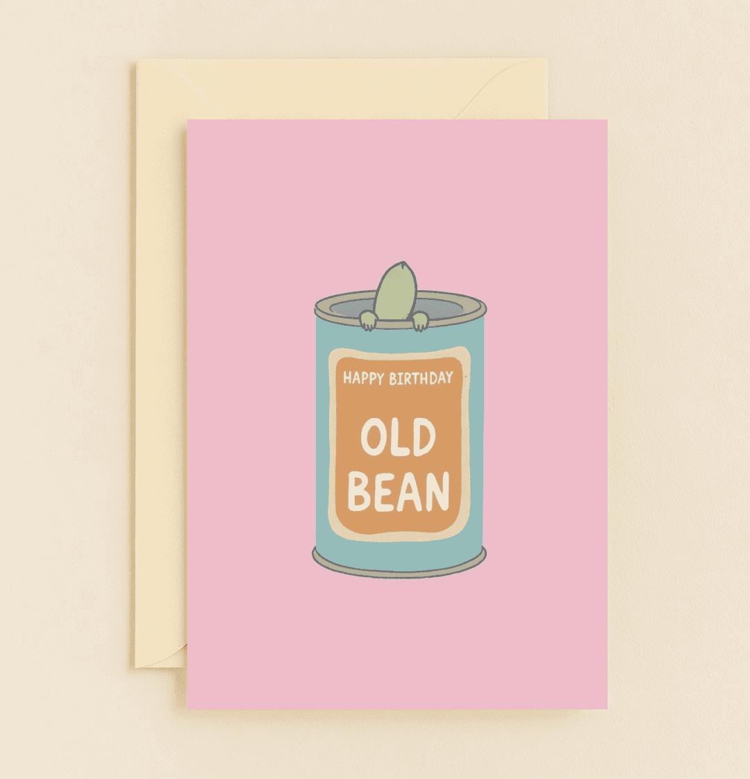 Celebrate with a chuckle using our "Bean Thinking of Your Birthday!" card, featuring a playful green bean pun and whimsical tin can illustration.