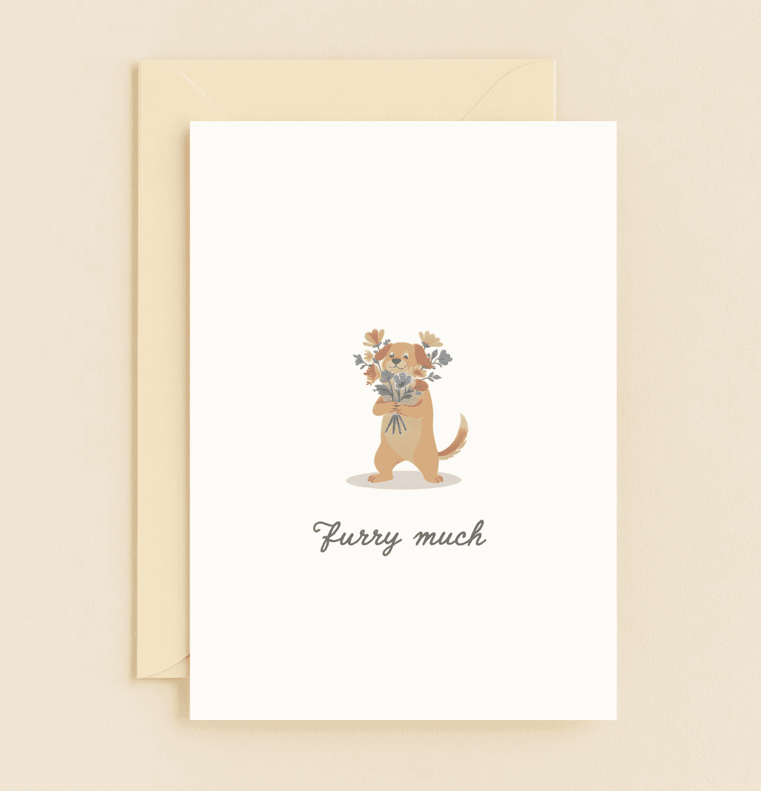 Express your gratitude with a "Furry much" pun as a cheerful dog presents a vibrant bouquet, perfect for a pawsitively heartfelt thank you.