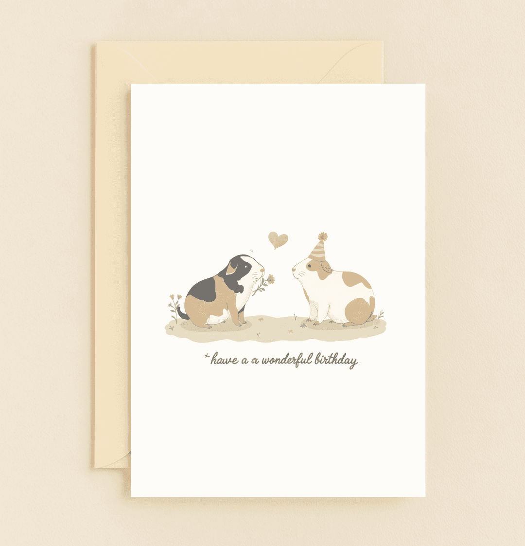 Celebrate a birthday with adorable guinea pigs in party hats, surrounded by flowers and a pink heart, wishing a wonderfully joyful day.