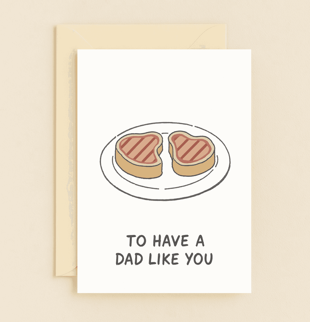 Celebrate Father's Day with a pun-tastic card featuring heart-shaped steaks to show Dad he's rare and well-done in your life!.