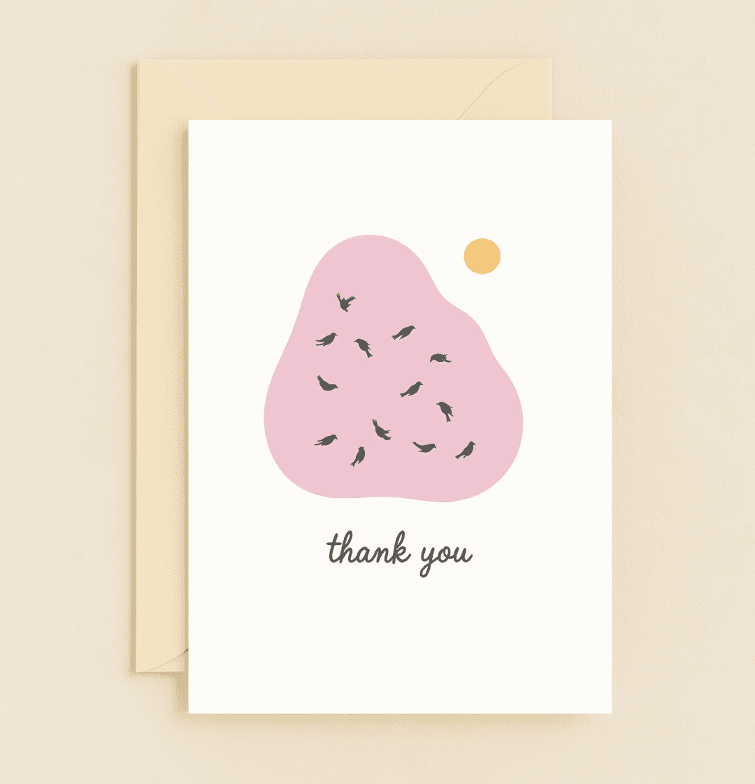 Express heartfelt thanks with "Skyward Gratitude," a minimalist card featuring birds in flight against a pink cloud and sun, evoking serenity and appreciation.