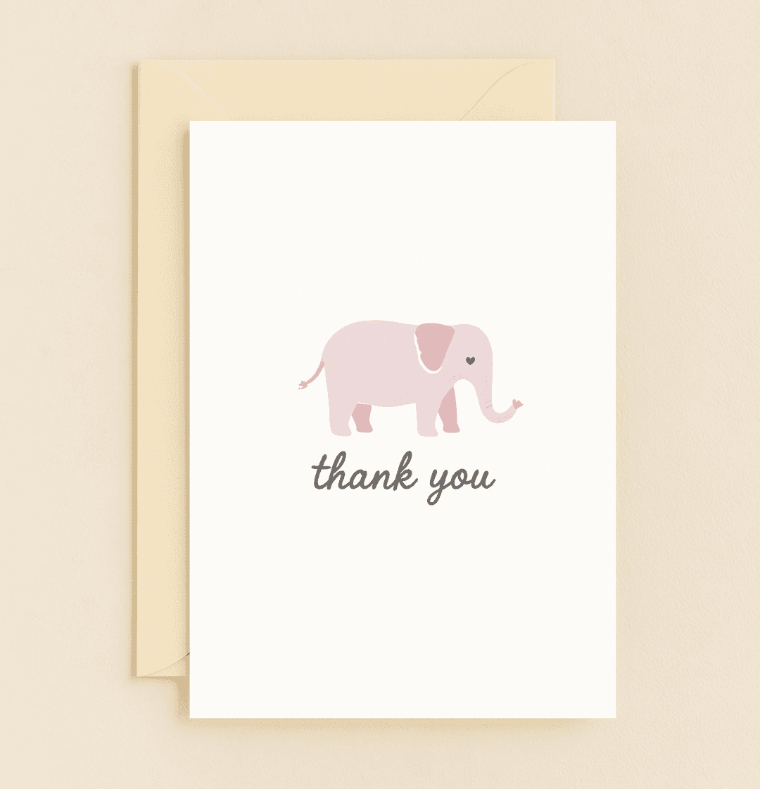 Express gratitude with a minimalist card featuring a pastel pink elephant and a heart detail, perfect for a cute and heartfelt "thank you.