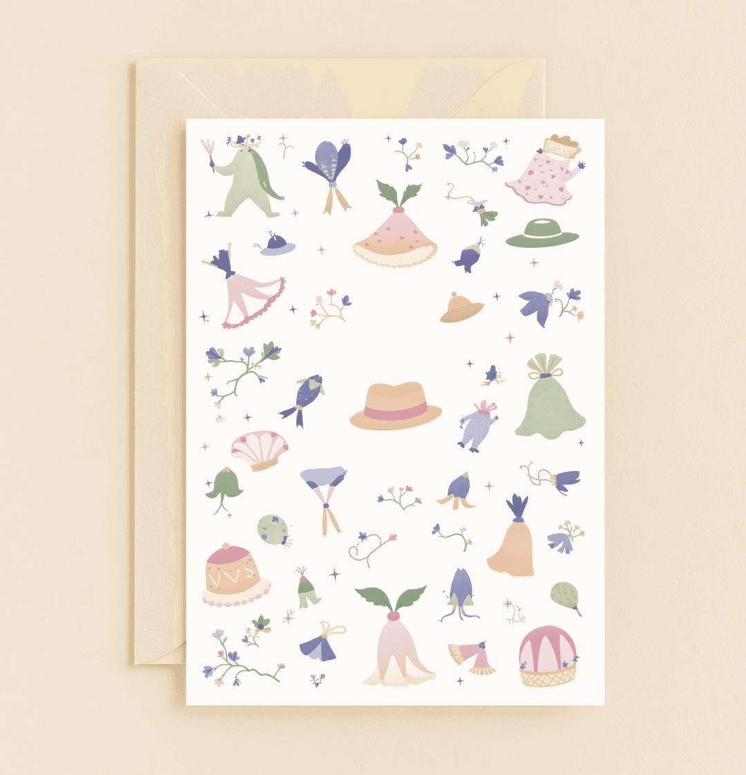 Celebrate Mother's Day with a whimsically surreal card featuring pastel blooms, playful hats, and joyful birds, perfect for lighthearted gardening enthusiasts.