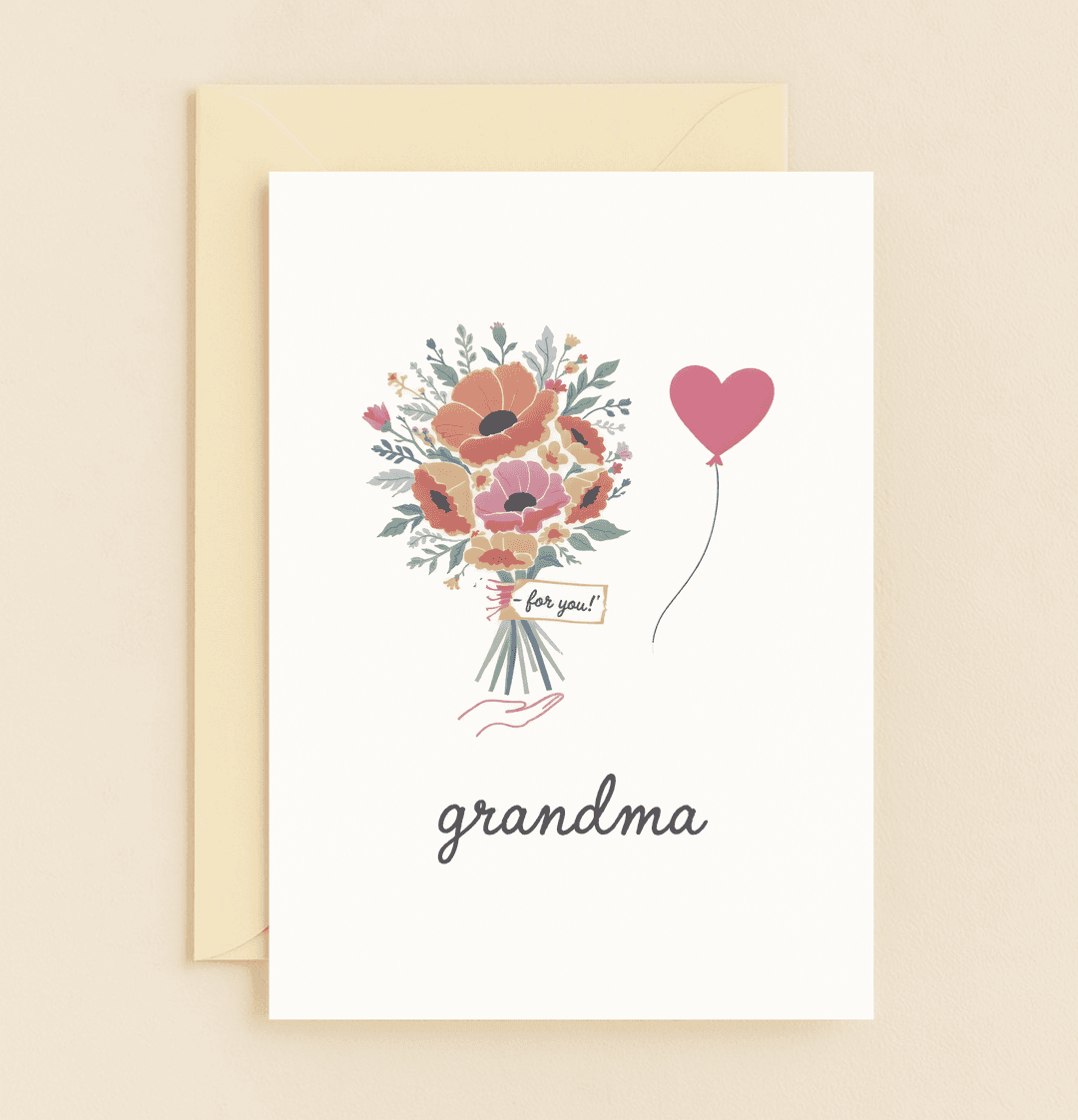 Celebrate Grandma this Mother's Day with a vibrant card featuring a flower bouquet, heart balloon, and "for you!" tag, expressing love and appreciation.