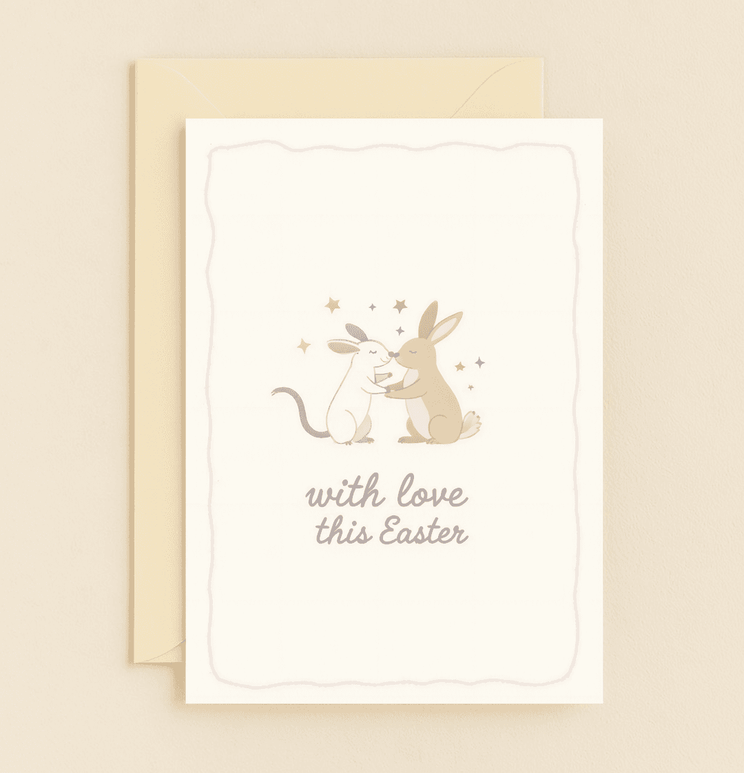 Send "Hoppy Easter Hugs and Love" with this charming card featuring two adorable bunnies surrounded by pastel stars, perfect for sharing affection this Easter.