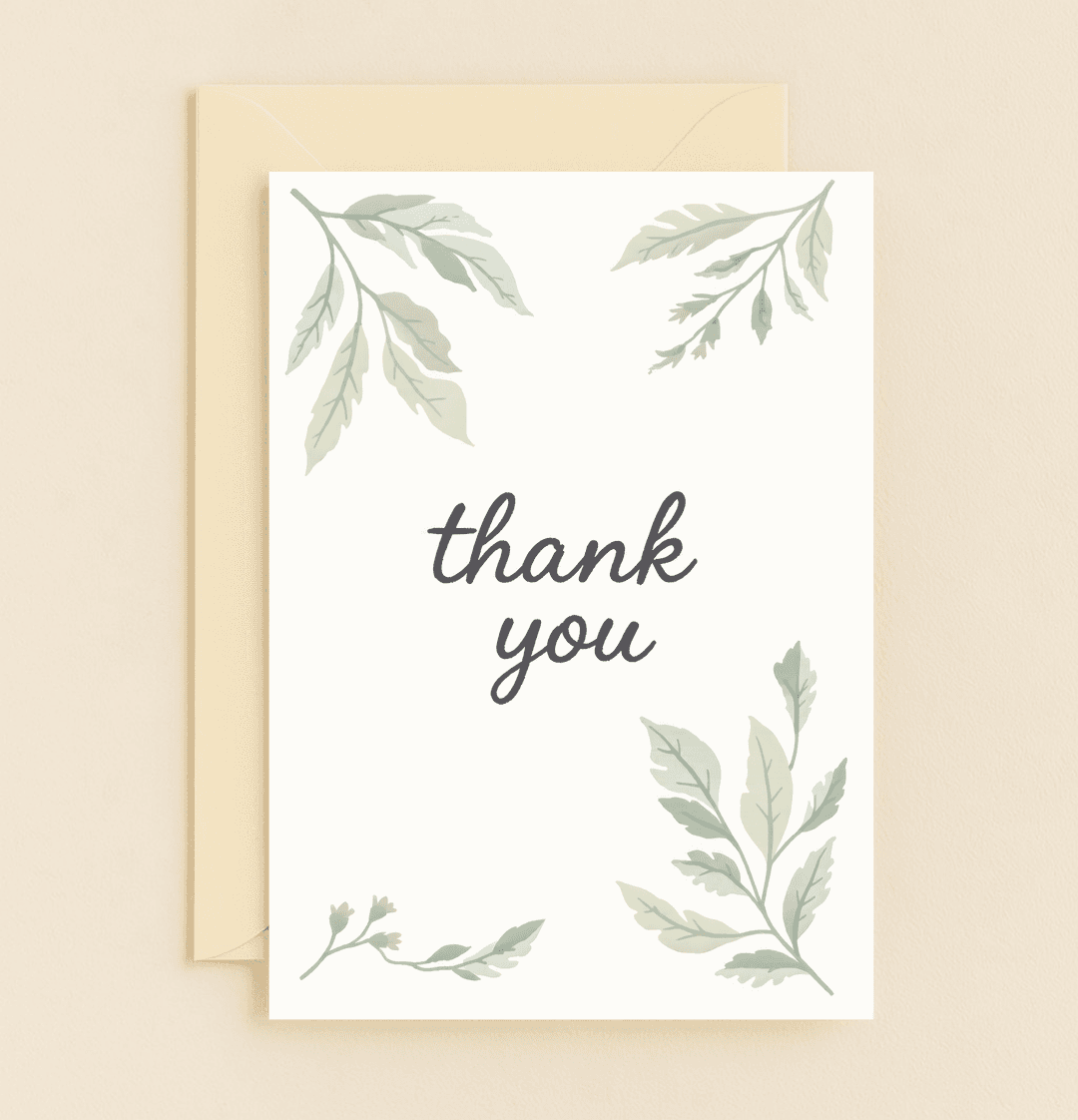 Express your gratitude with this elegant thank you card, featuring watercolor leaf illustrations and a stylish cursive font on a crisp white background.