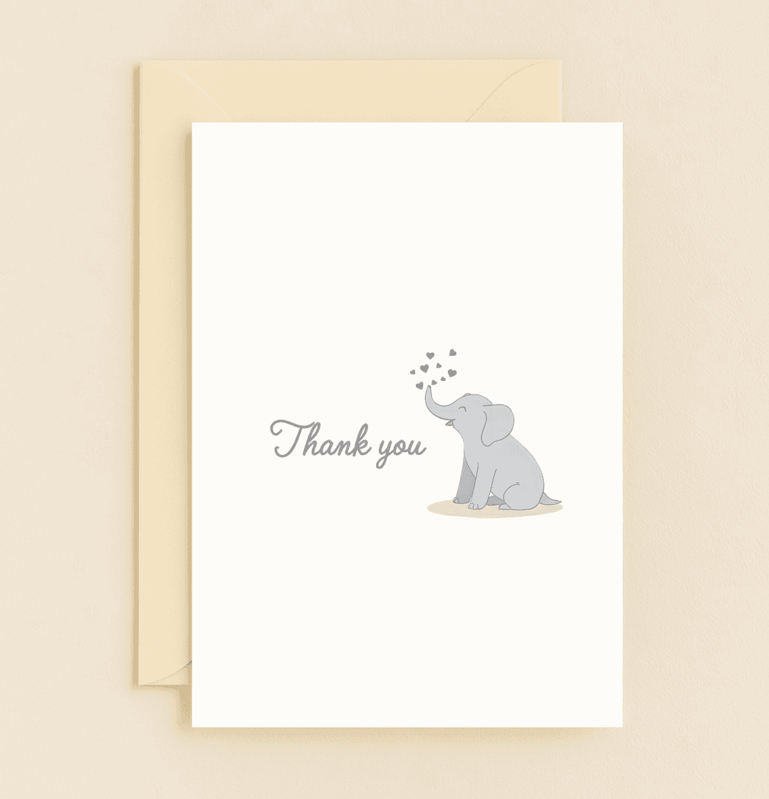 Express your gratitude with our "Heartfelt Thanks from Little Elephant" card, featuring an adorable elephant blowing blue hearts on a simple, charming design.
