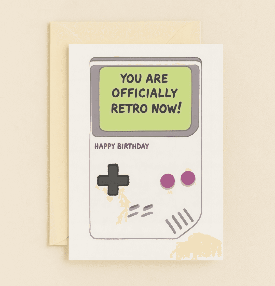 Celebrate a birthday with nostalgia and humor using this retro gaming-inspired card featuring playful puns and classic Game Boy vibes.