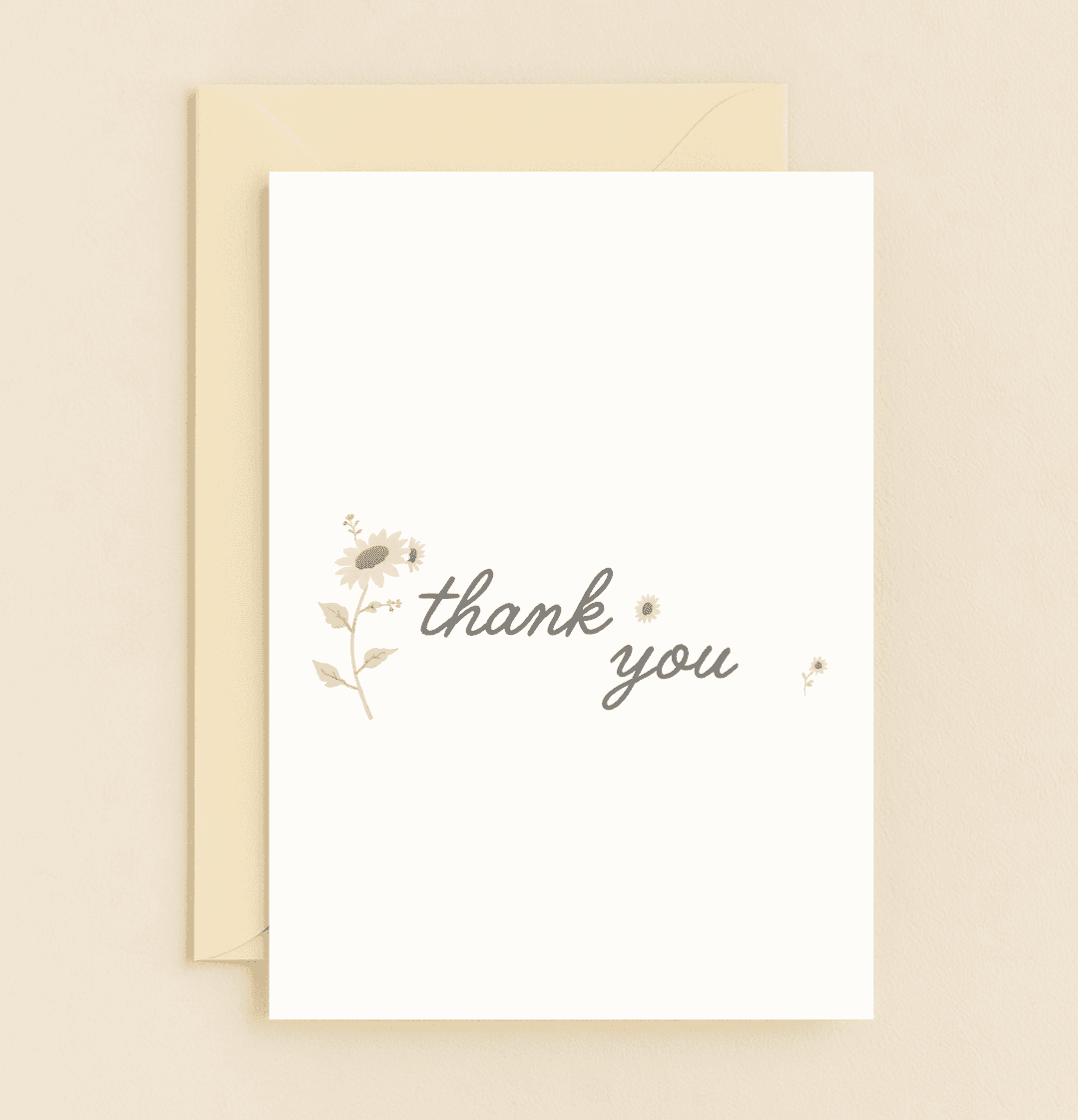Express heartfelt thanks with the "Sunshine Gratitude in Bloom" card, featuring elegant cursive and charming sunflower and leaf illustrations.