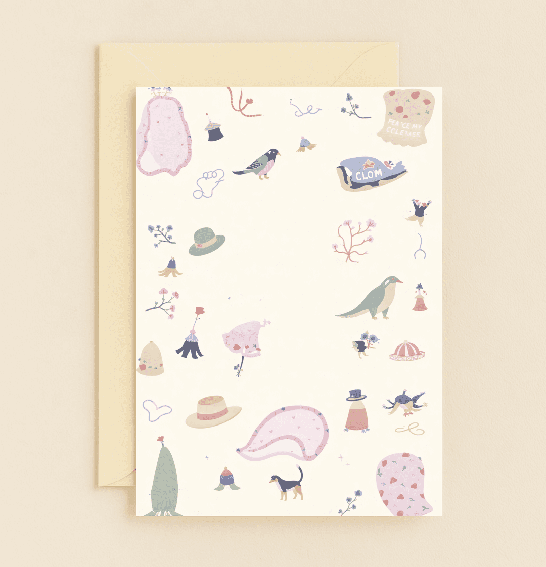 Celebrate Mother's Day with "Whimsical Wonders of Motherhood," a playful card featuring surreal pastel birds, dogs, hats, and flowers on a light beige canvas.