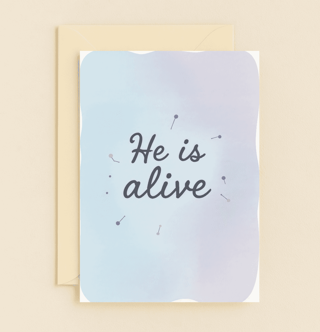 Celebrate Easter with a pastel gradient card featuring "He is alive" in bold script, surrounded by festive dots for a joyful proclamation of new life.