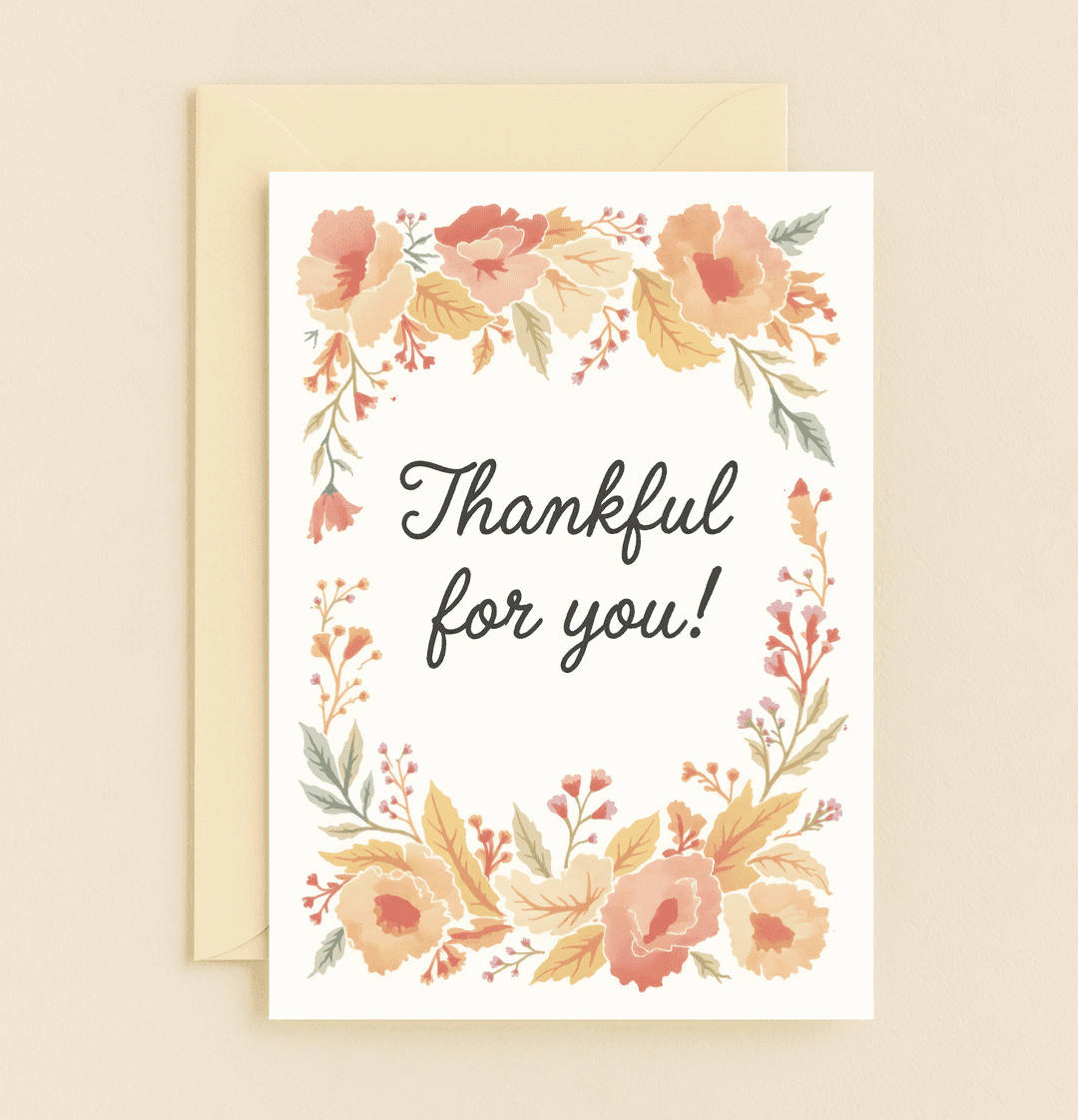 Celebrate gratitude with a watercolor greeting card featuring autumnal blooms and elegant script, perfect for expressing heartfelt thanks.
