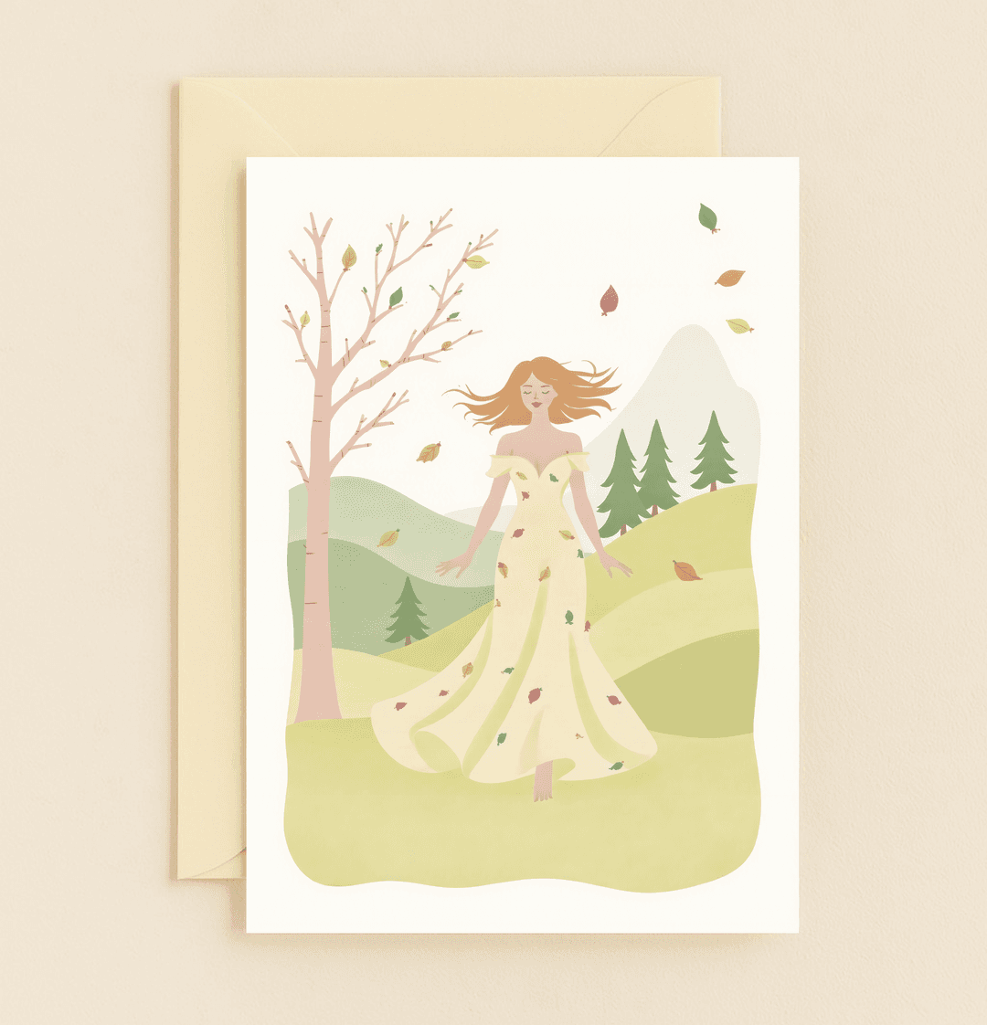 Celebrate your anniversary with a serene card featuring a woman in a leaf-adorned dress amidst an autumn landscape, symbolizing the beauty of change.