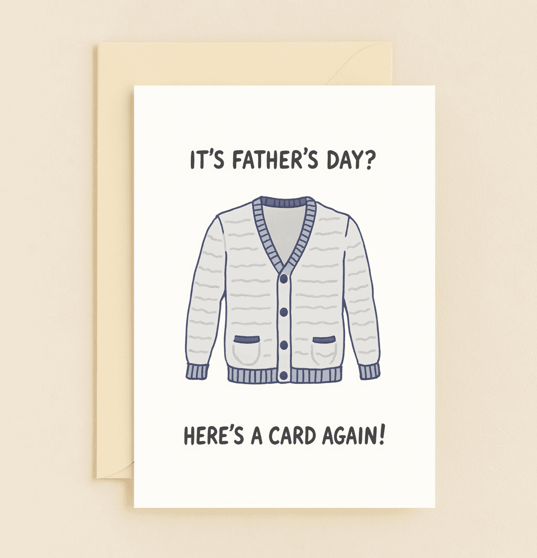 Celebrate Father's Day with a touch of irony and humor, featuring a whimsical cardigan design that pokes fun at classic dad fashion and routine gifting.