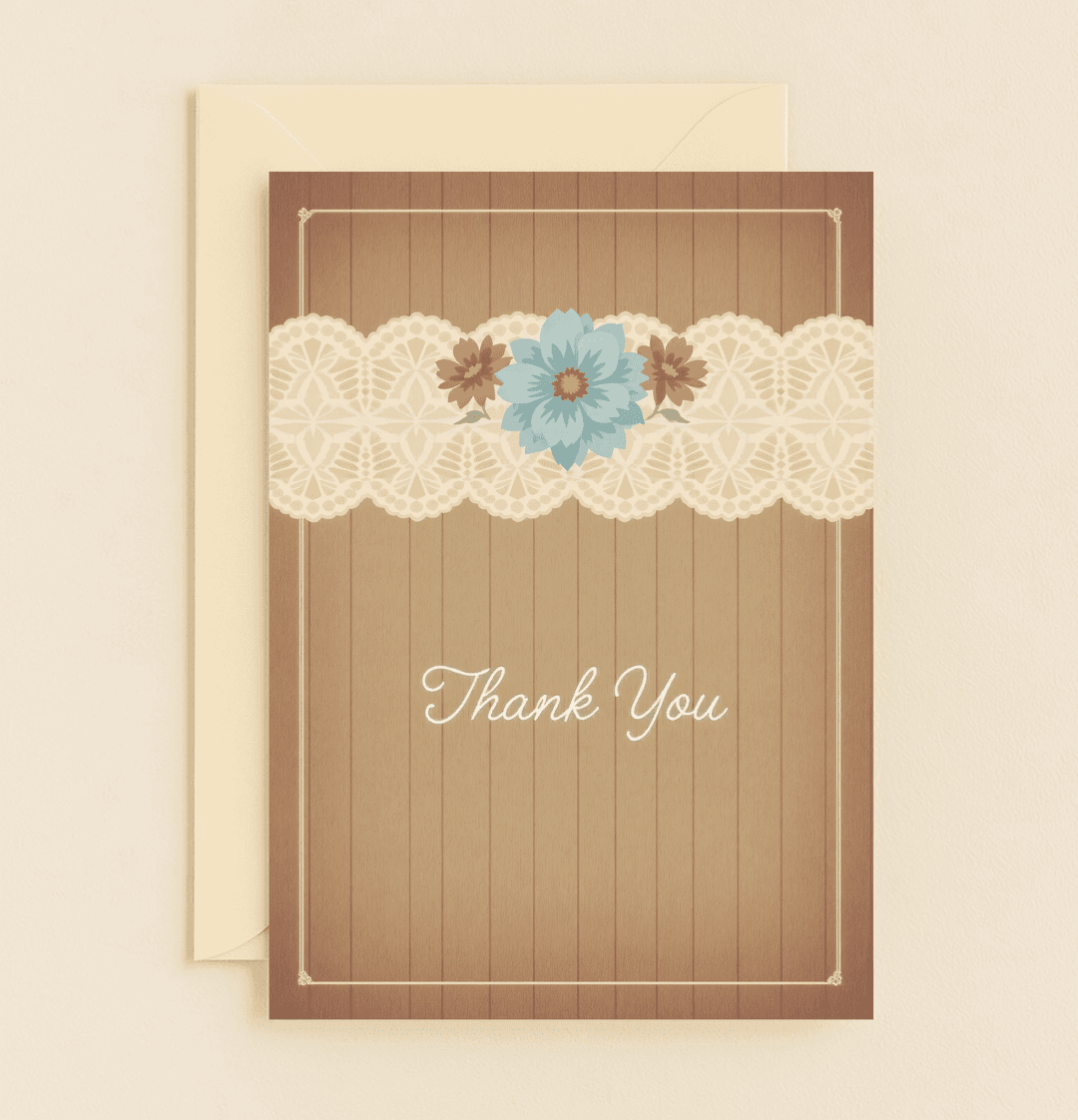 Express gratitude with rustic charm through this elegant thank you card, featuring a wood-textured background, lace accents, and vibrant floral blooms.