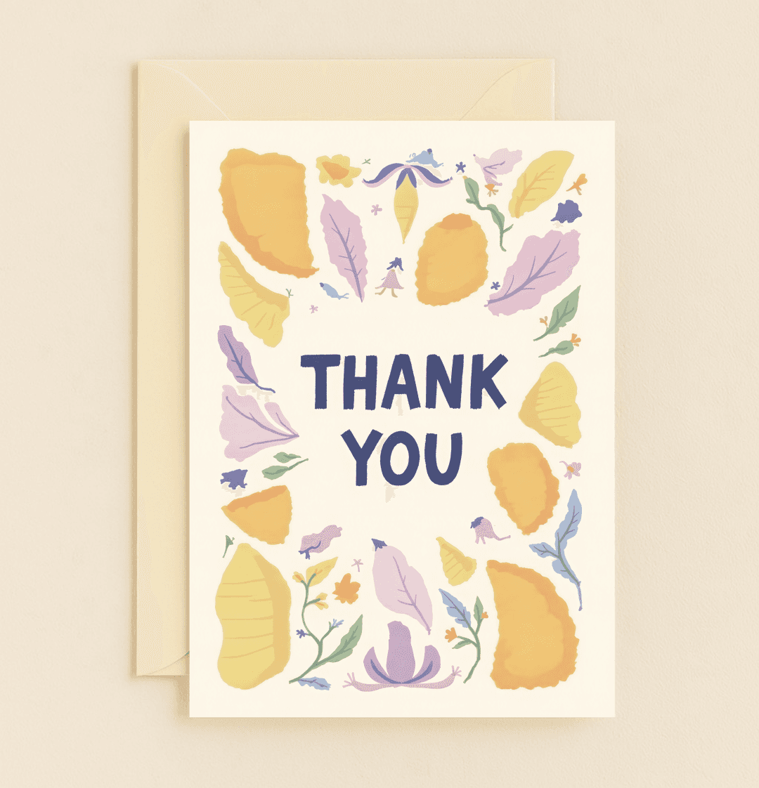 Express heartfelt thanks with the Bright Botanical Gratitude card, featuring whimsical leaves and flowers on a cheerful cream backdrop.