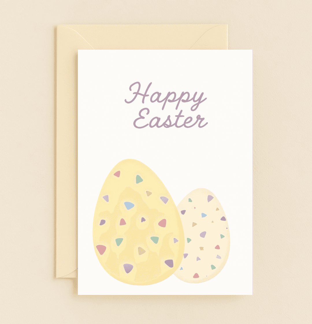 Celebrate Easter with a charming card featuring pastel-colored eggs and elegant script, perfect for adding a touch of joy to your holiday greetings.