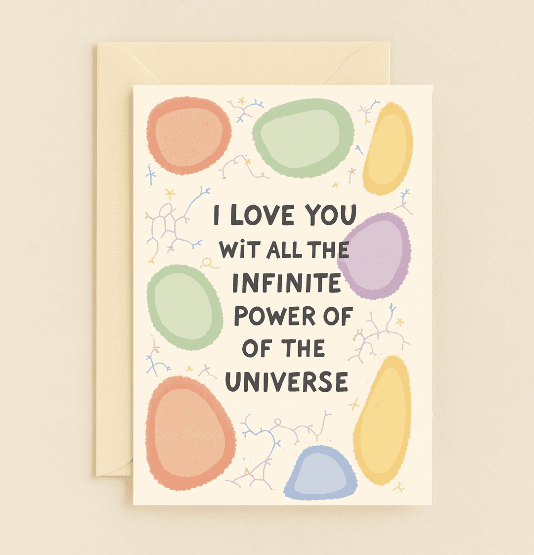 Celebrate your anniversary with a whimsical, cosmic-themed card featuring pastel abstract shapes and a heartfelt message of infinite love.