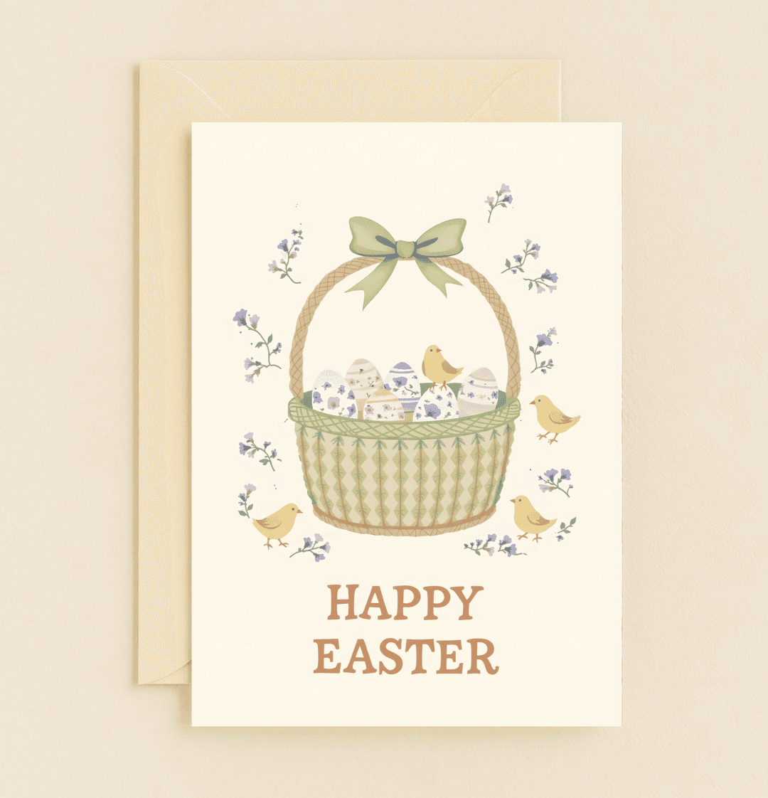 Celebrate Easter with a charming card featuring pastel-decorated eggs and playful chicks nestled in a floral-adorned basket, capturing spring's joyful essence.