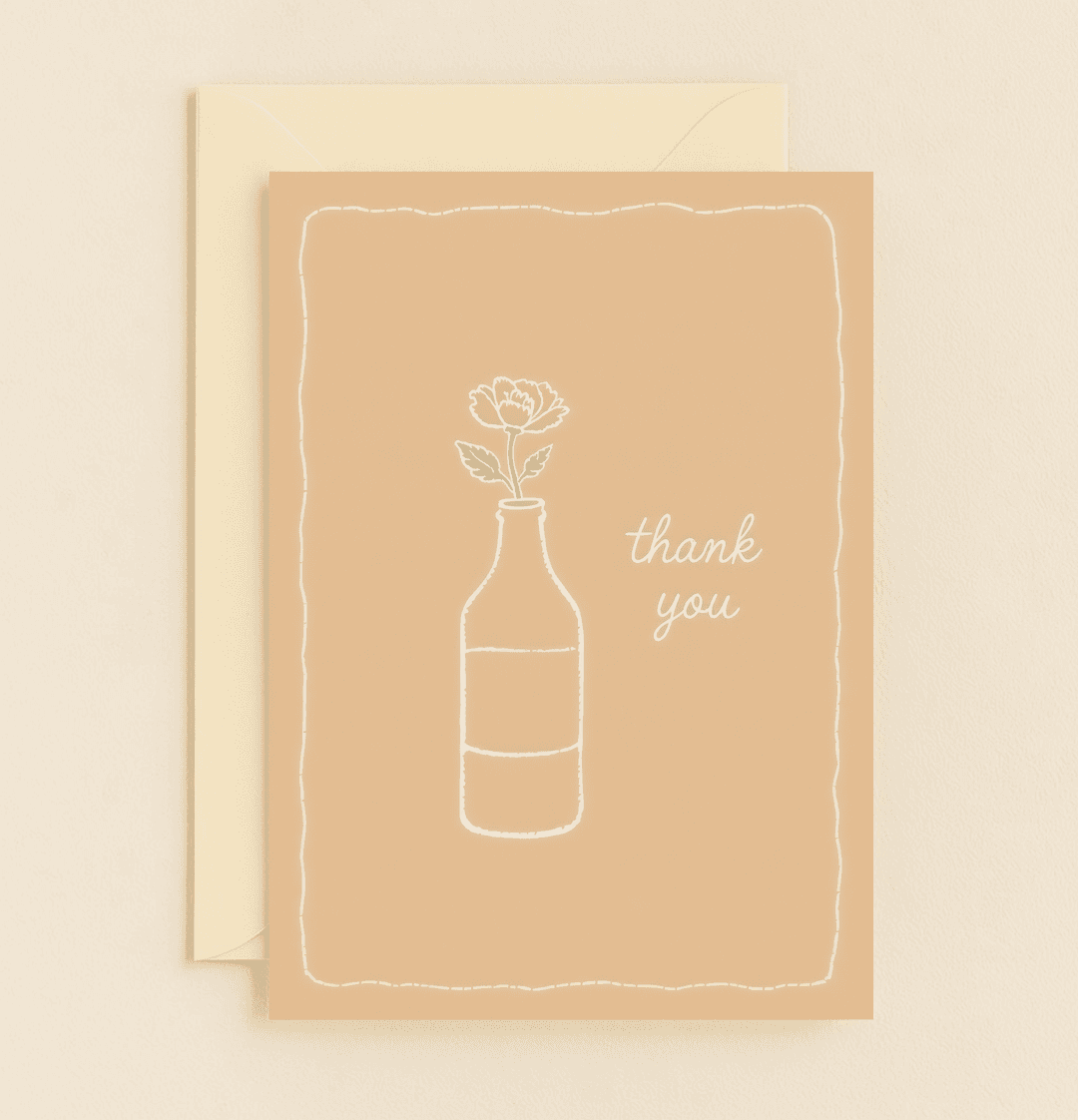 Express heartfelt thanks with this elegant card, featuring a minimalist flower-in-bottle design and cursive "thank you" on a charming beige background.