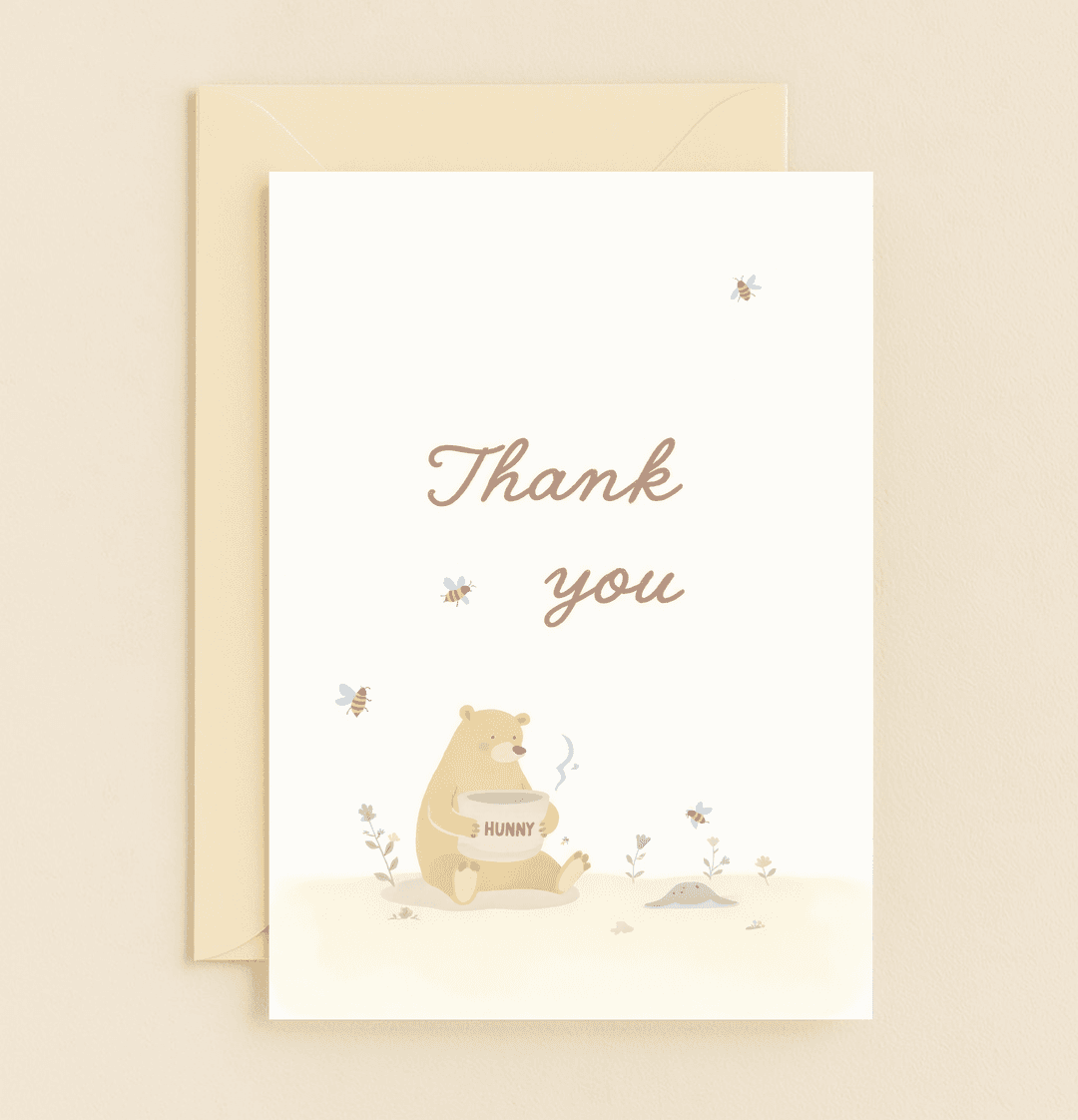 Express your heartfelt thanks with this whimsical card featuring a charming bear, a honey jar, and buzzing bees, perfect for nature lovers.